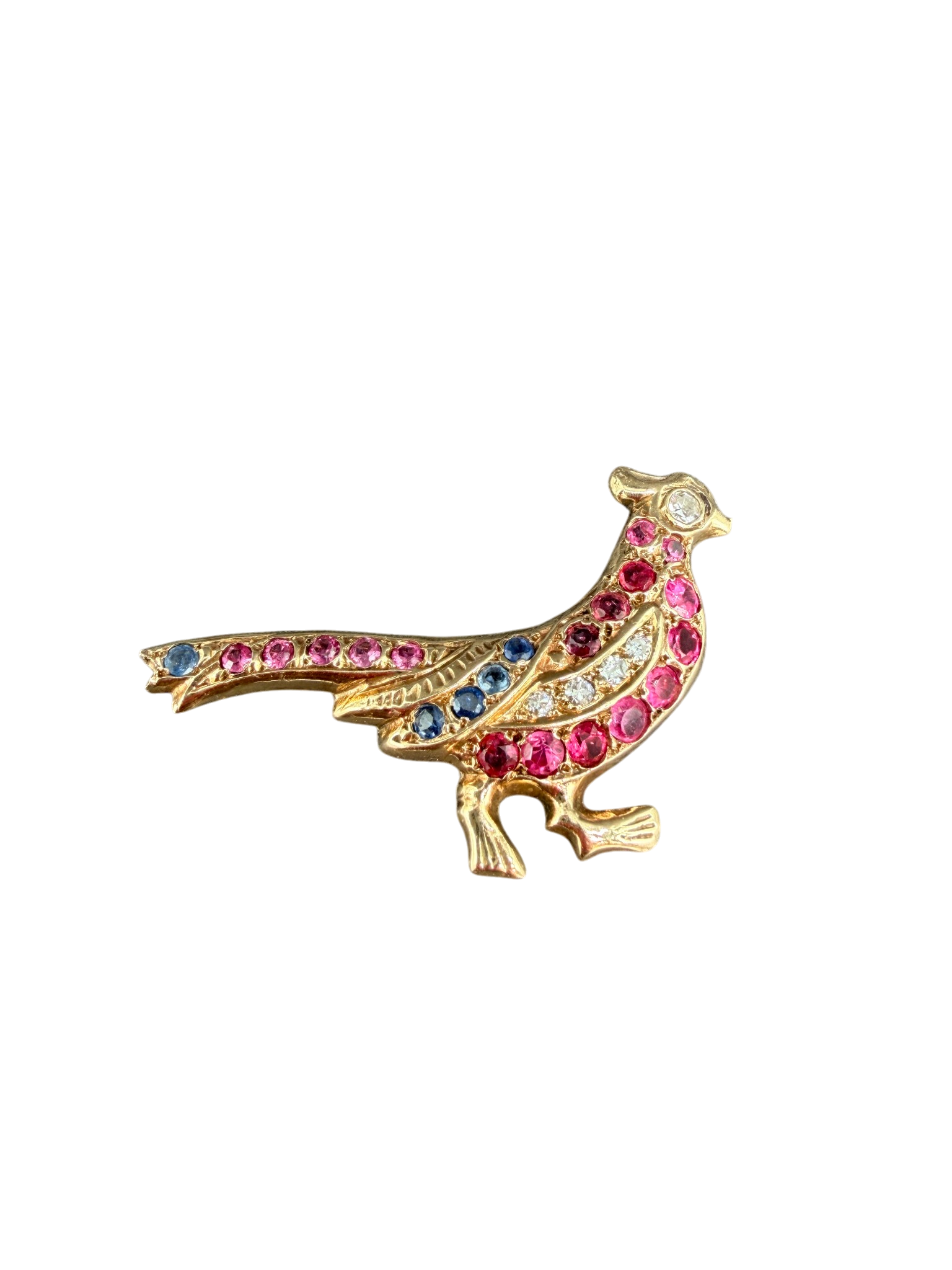 Antique 14K Yellow Gold Pheasant Brooch with Diamonds, Rubies & Sapphires