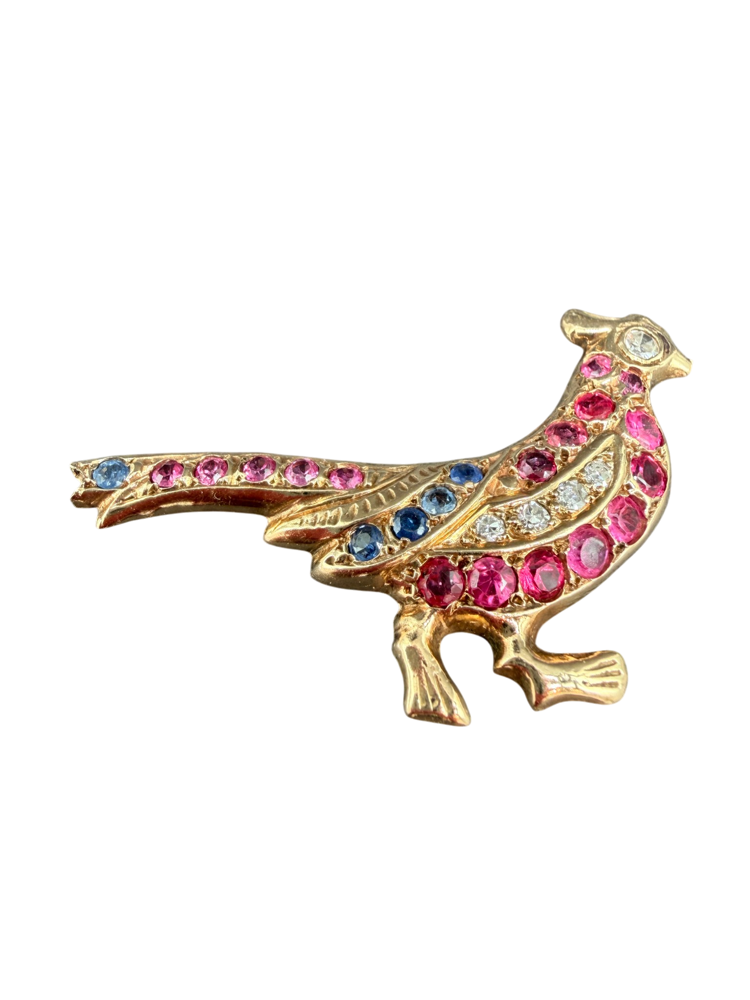 Antique 14K Yellow Gold Pheasant Brooch with Diamonds, Rubies & Sapphires