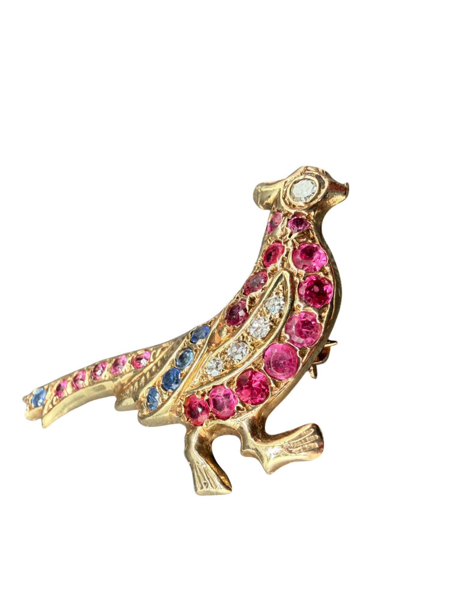 Antique 14K Yellow Gold Pheasant Brooch with Diamonds, Rubies & Sapphires