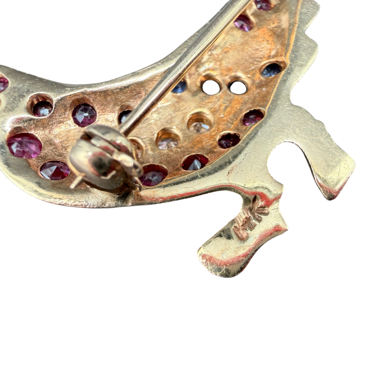 Antique 14K Yellow Gold Pheasant Brooch with Diamonds, Rubies & Sapphires