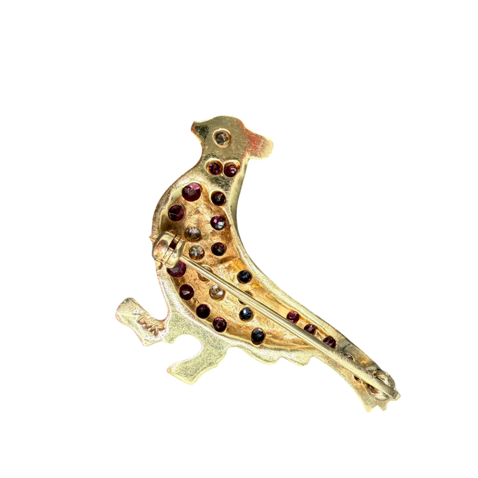 Antique 14K Yellow Gold Pheasant Brooch with Diamonds, Rubies & Sapphires