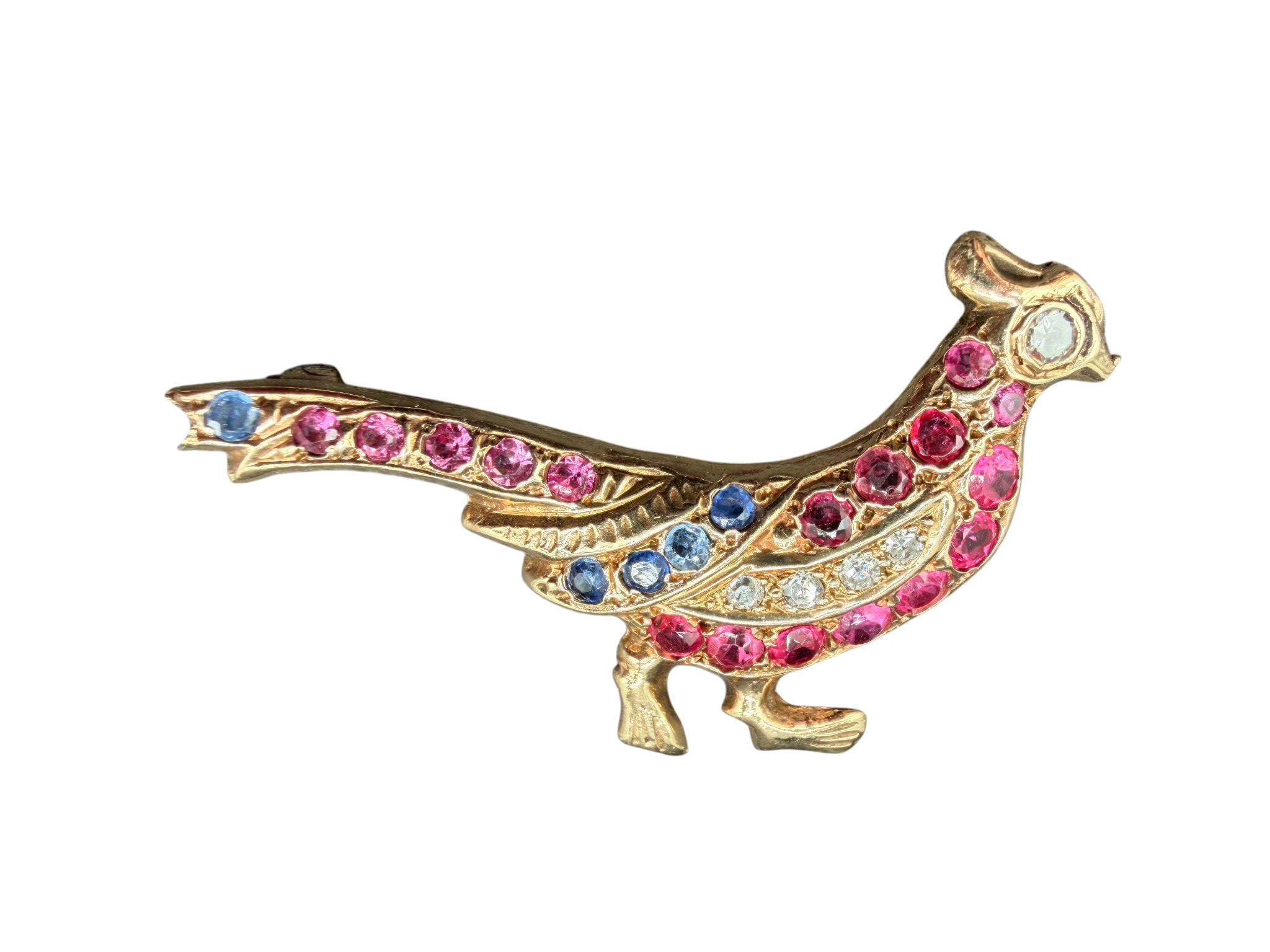 Antique 14K Yellow Gold Pheasant Brooch with Diamonds, Rubies & Sapphires