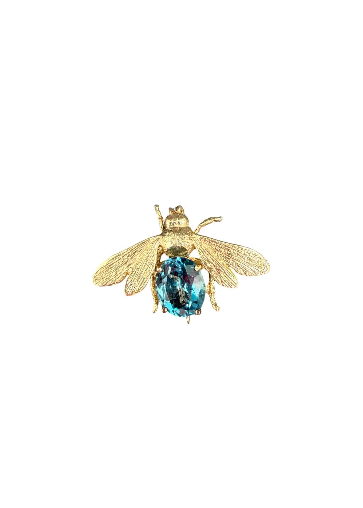 Antique 14K Yellow Gold Bee Brooch with Aquamarine