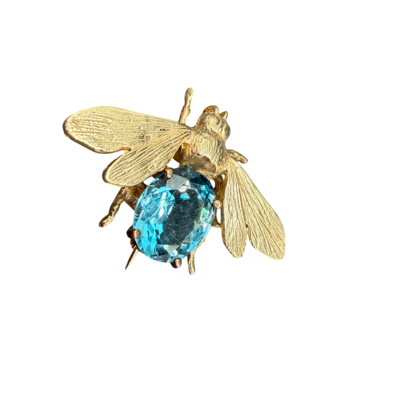 Antique 14K Yellow Gold Bee Brooch with Aquamarine