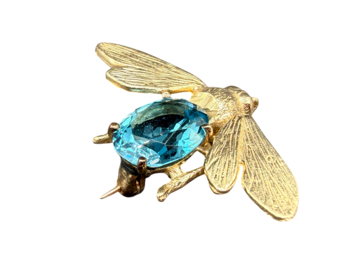 Antique 14K Yellow Gold Bee Brooch with Aquamarine