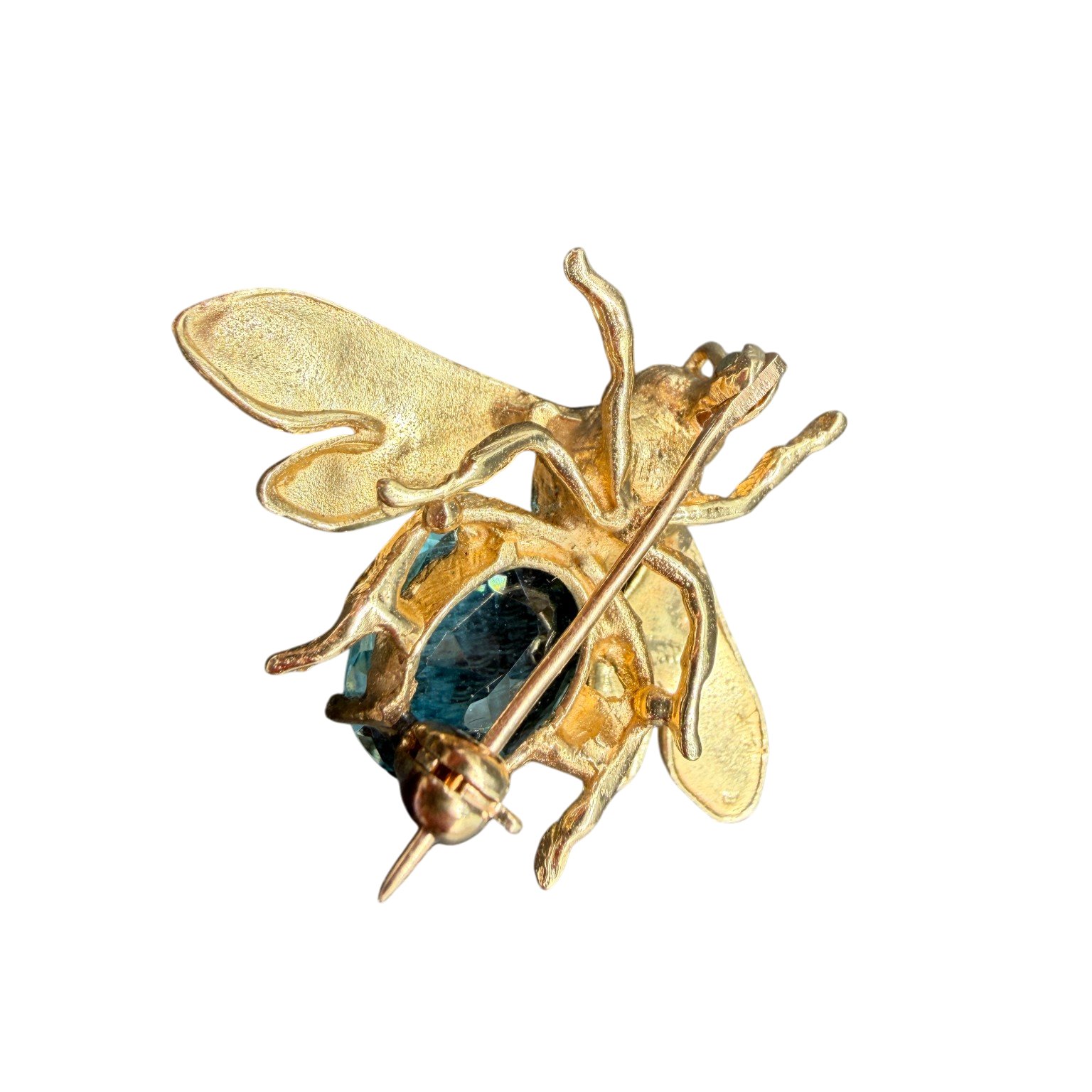 Antique 14K Yellow Gold Bee Brooch with Aquamarine
