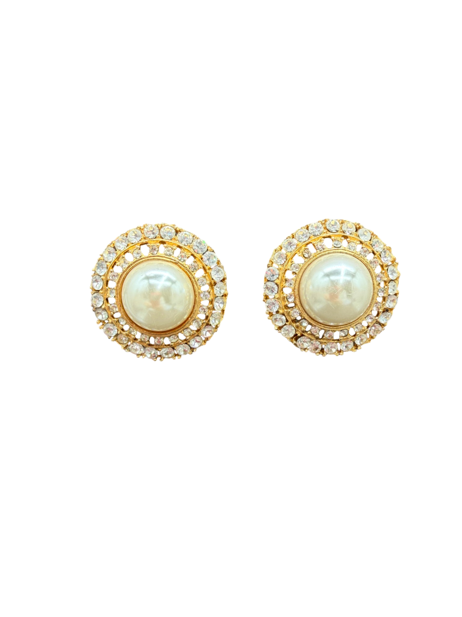 1960s Heidi Daus for Jim Walters Gold-Tone Disc Clip Earrings with Rhinestones and Faux Pearl