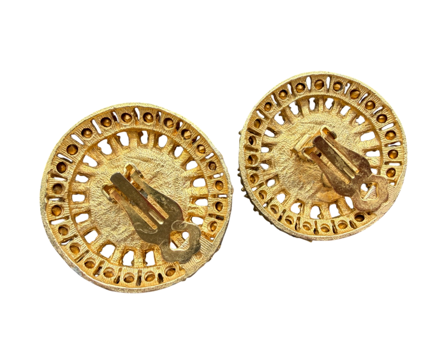 1960s Heidi Daus for Jim Walters Gold-Tone Disc Clip Earrings with Rhinestones and Faux Pearl