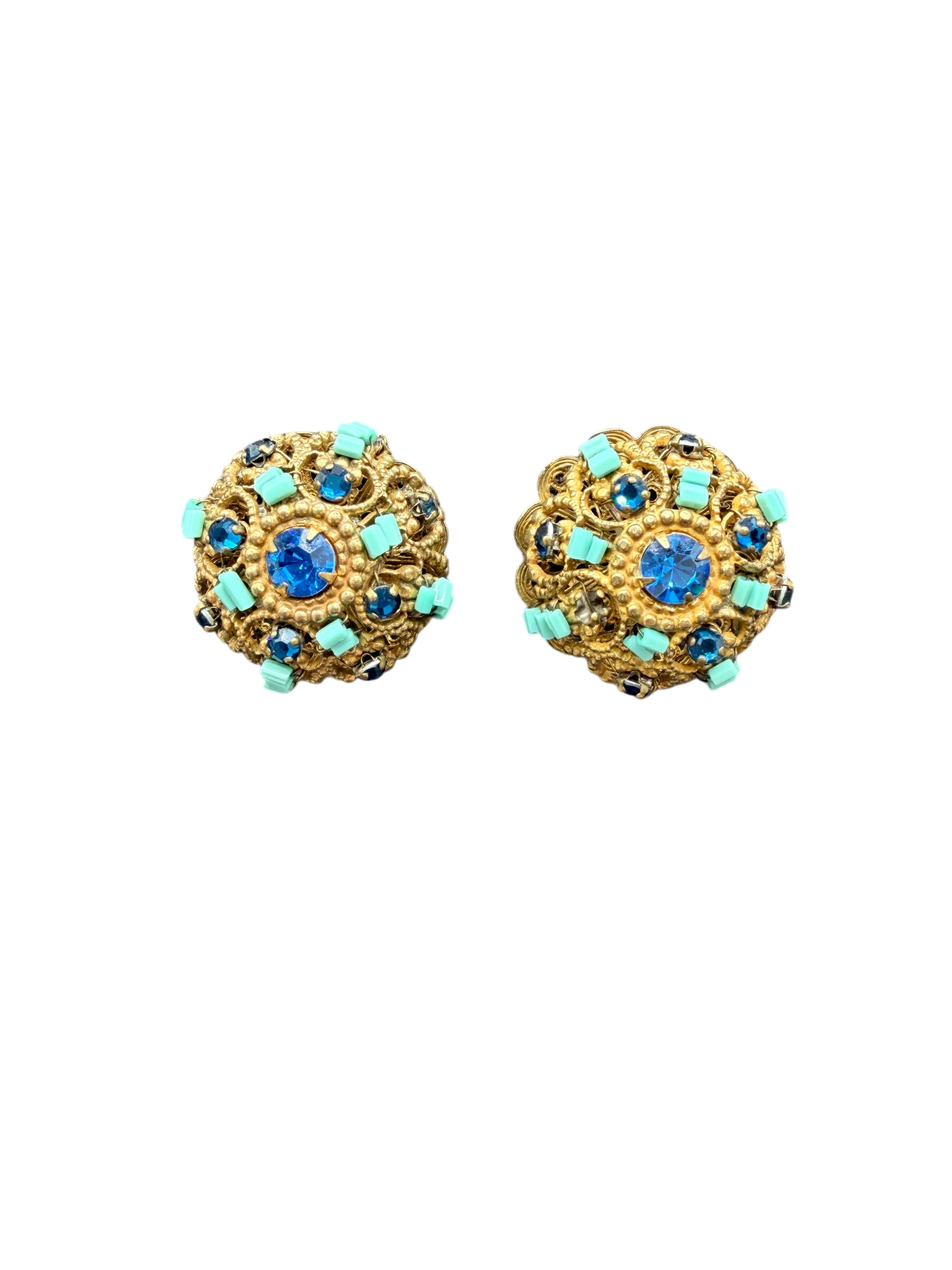 1950s Miriam Haskell Royal Blue Rhinestone & Turquoise Bubble Earrings