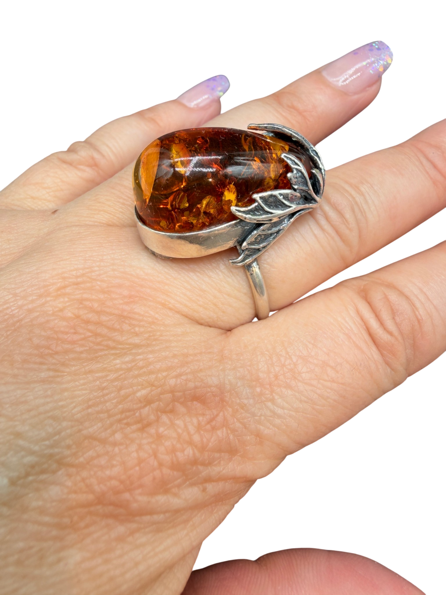 1970s Sterling Silver Cognac Amber Ring with Leaf Surround