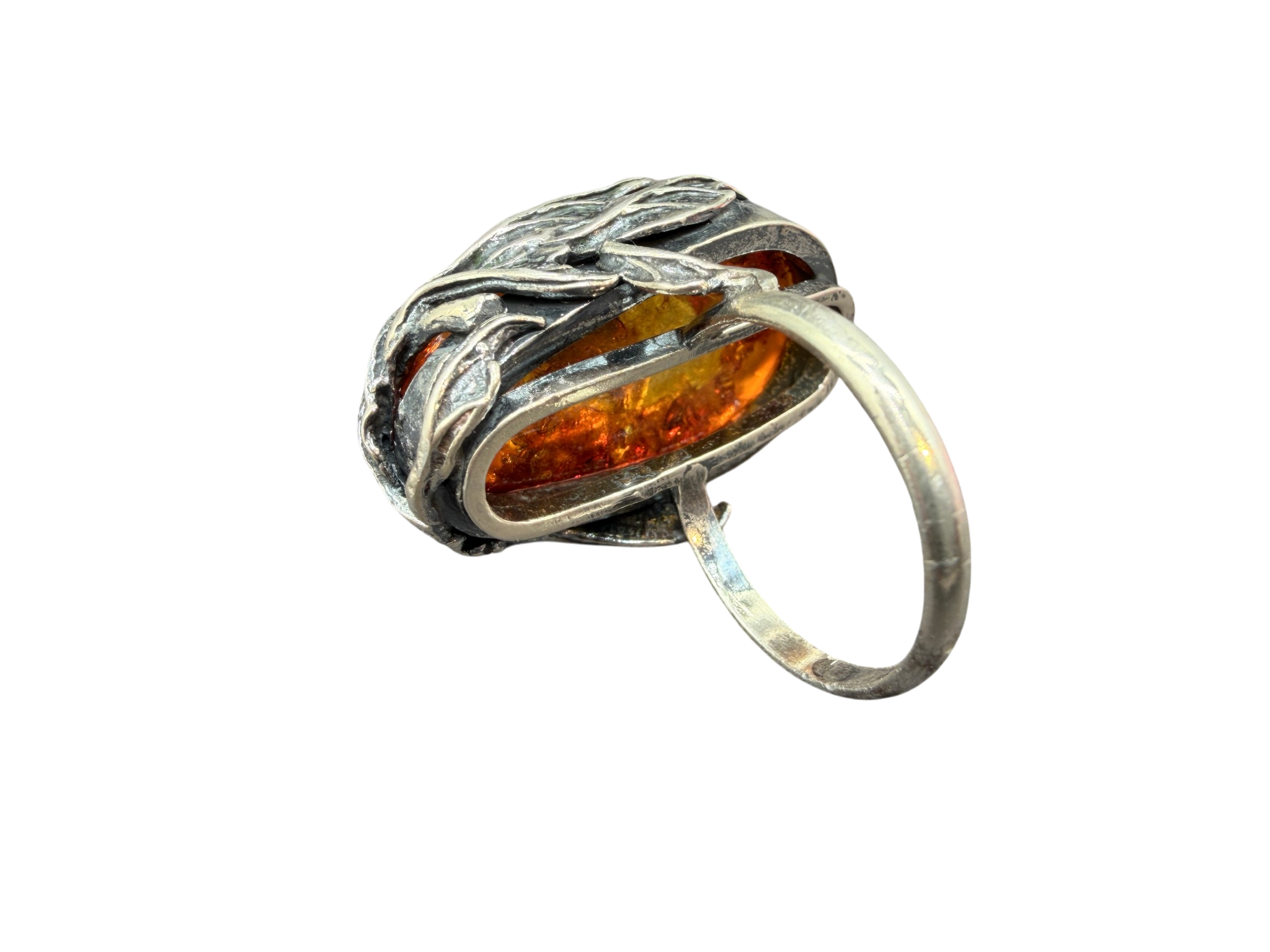 1970s Sterling Silver Cognac Amber Ring with Leaf Surround