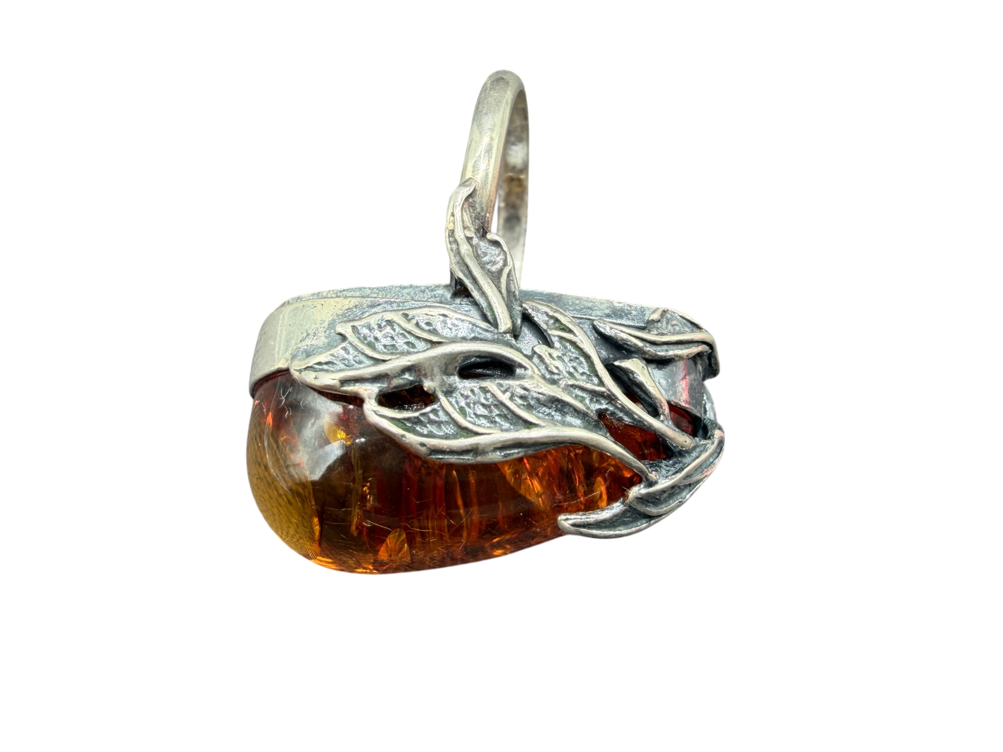 1970s Sterling Silver Cognac Amber Ring with Leaf Surround