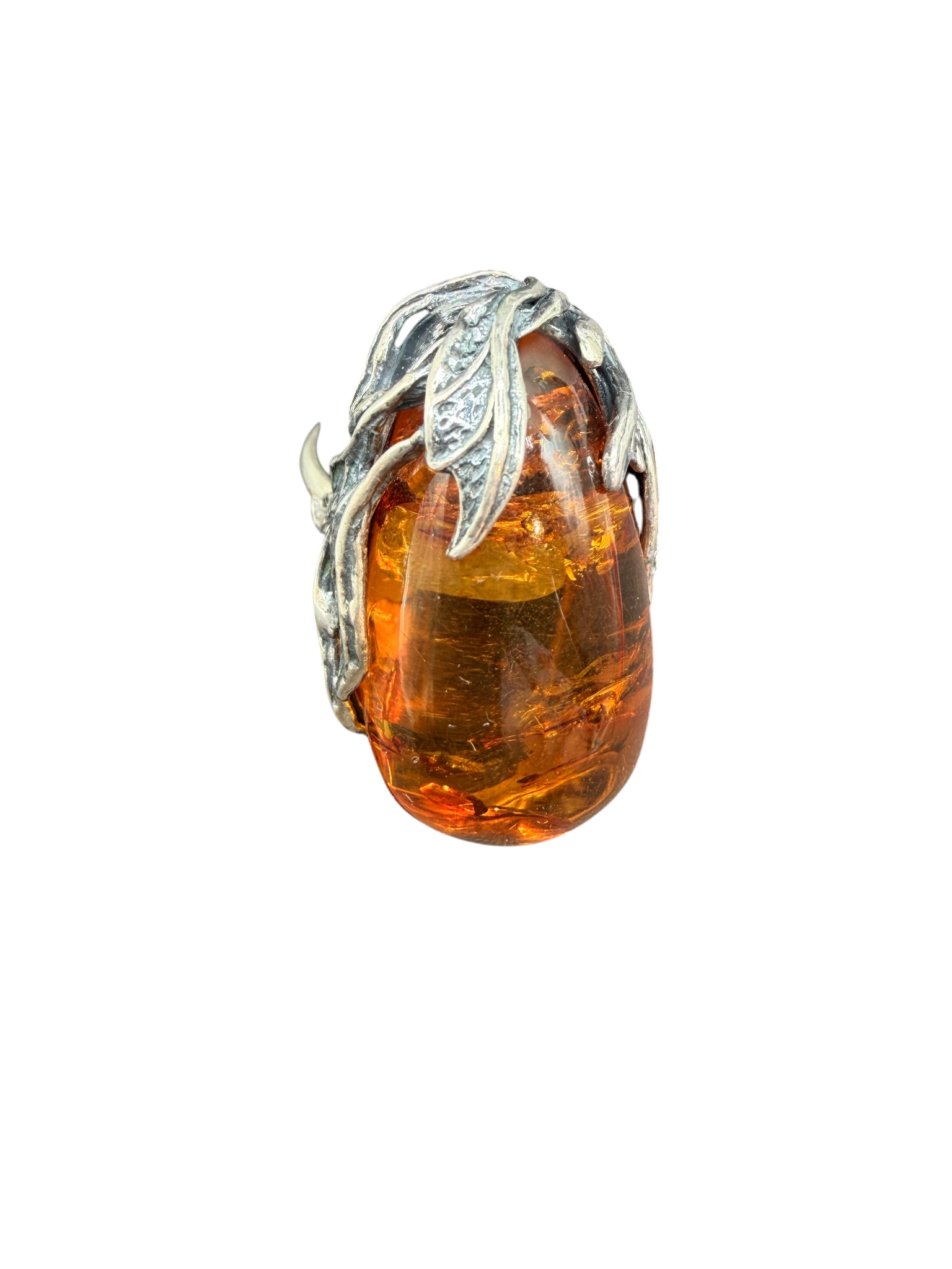 1970s Sterling Silver Cognac Amber Ring with Leaf Surround