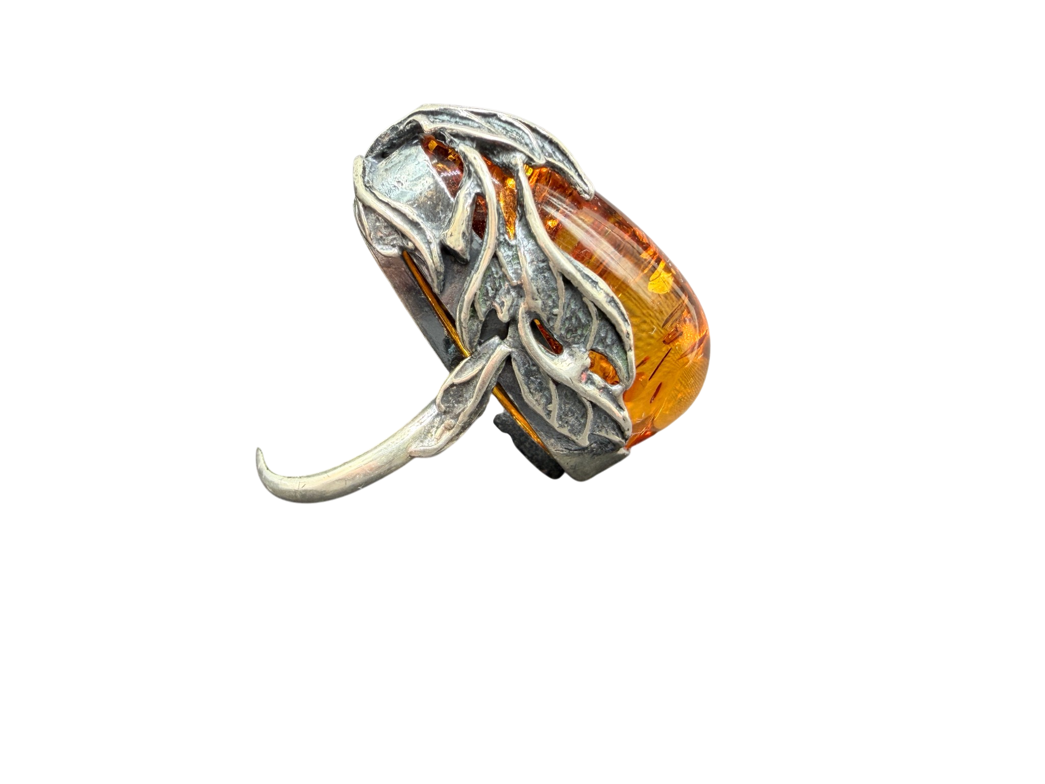 1970s Sterling Silver Cognac Amber Ring with Leaf Surround