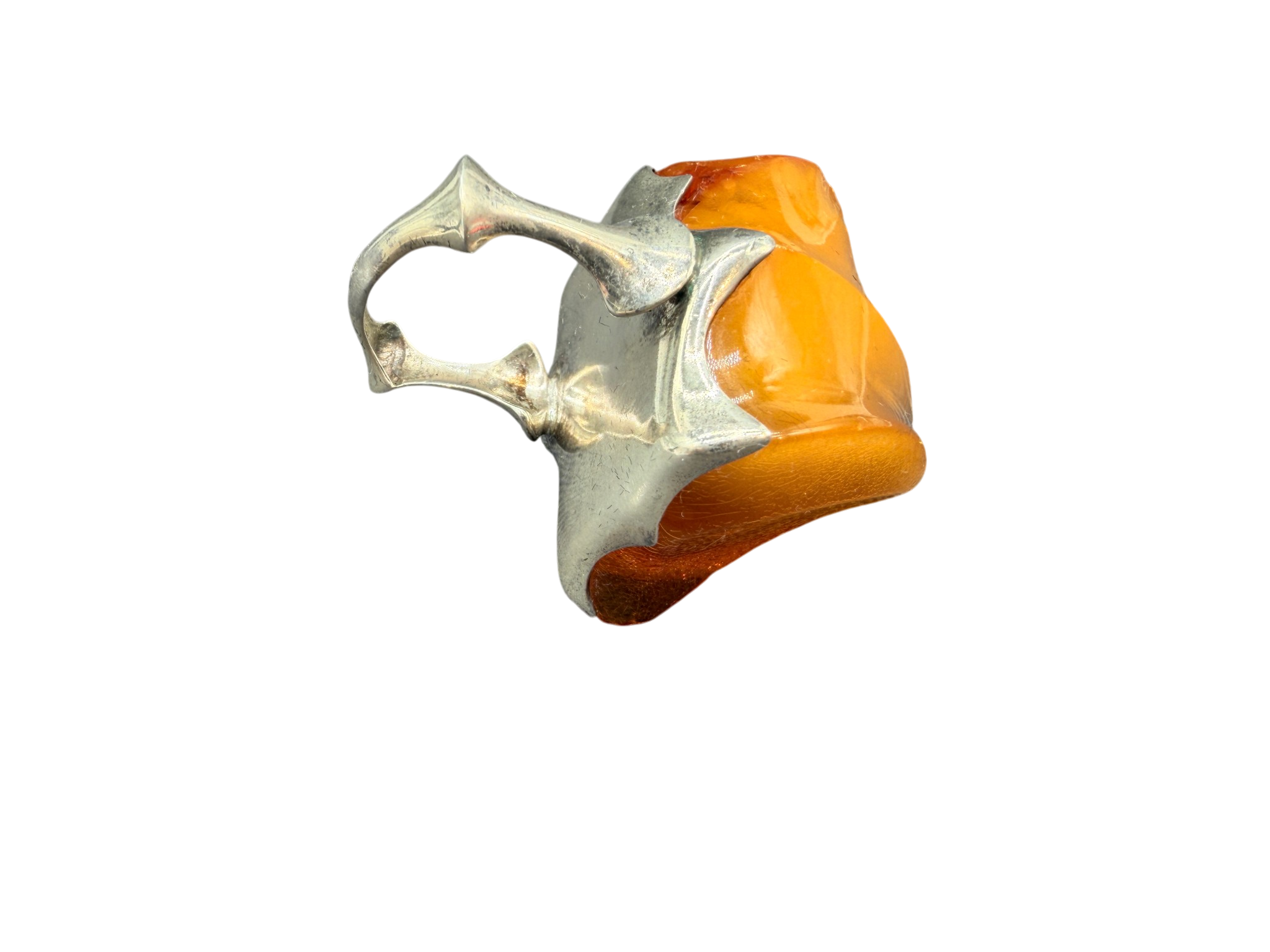 1970s Sterling Silver Brutalist Ring with Carved Butter Amber