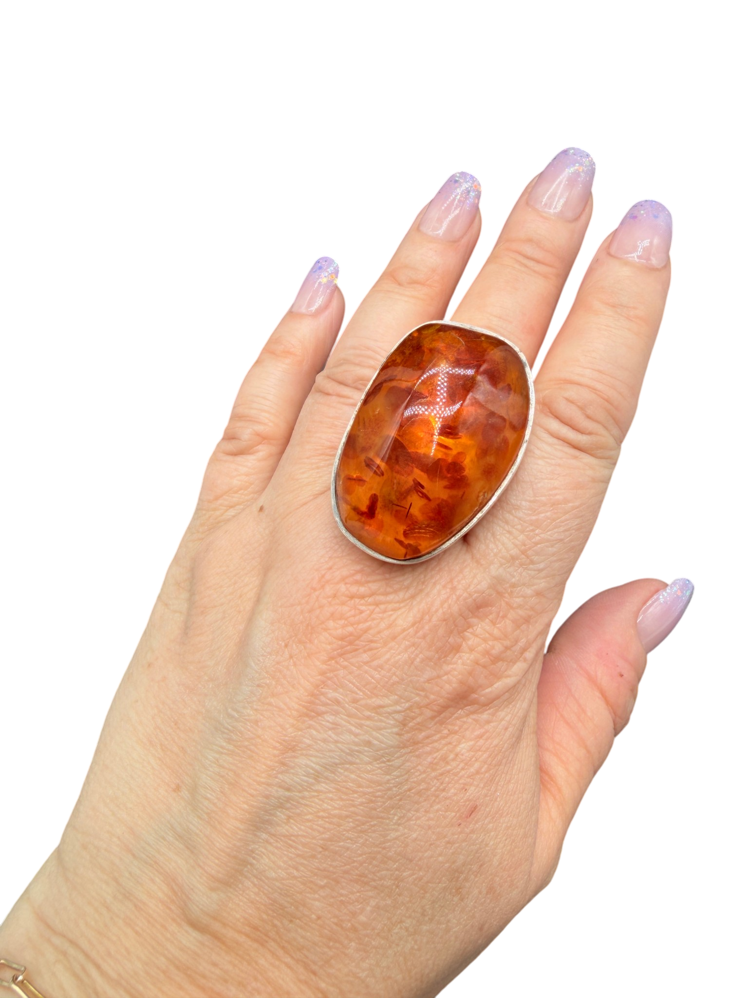 1950s Einer Fehrn Danish Modernist Sterling Silver Ring with Cognac Amber