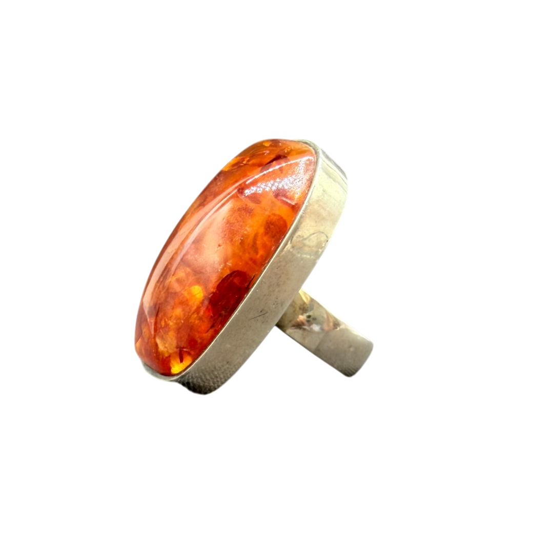 1950s Einer Fehrn Danish Modernist Sterling Silver Ring with Cognac Amber