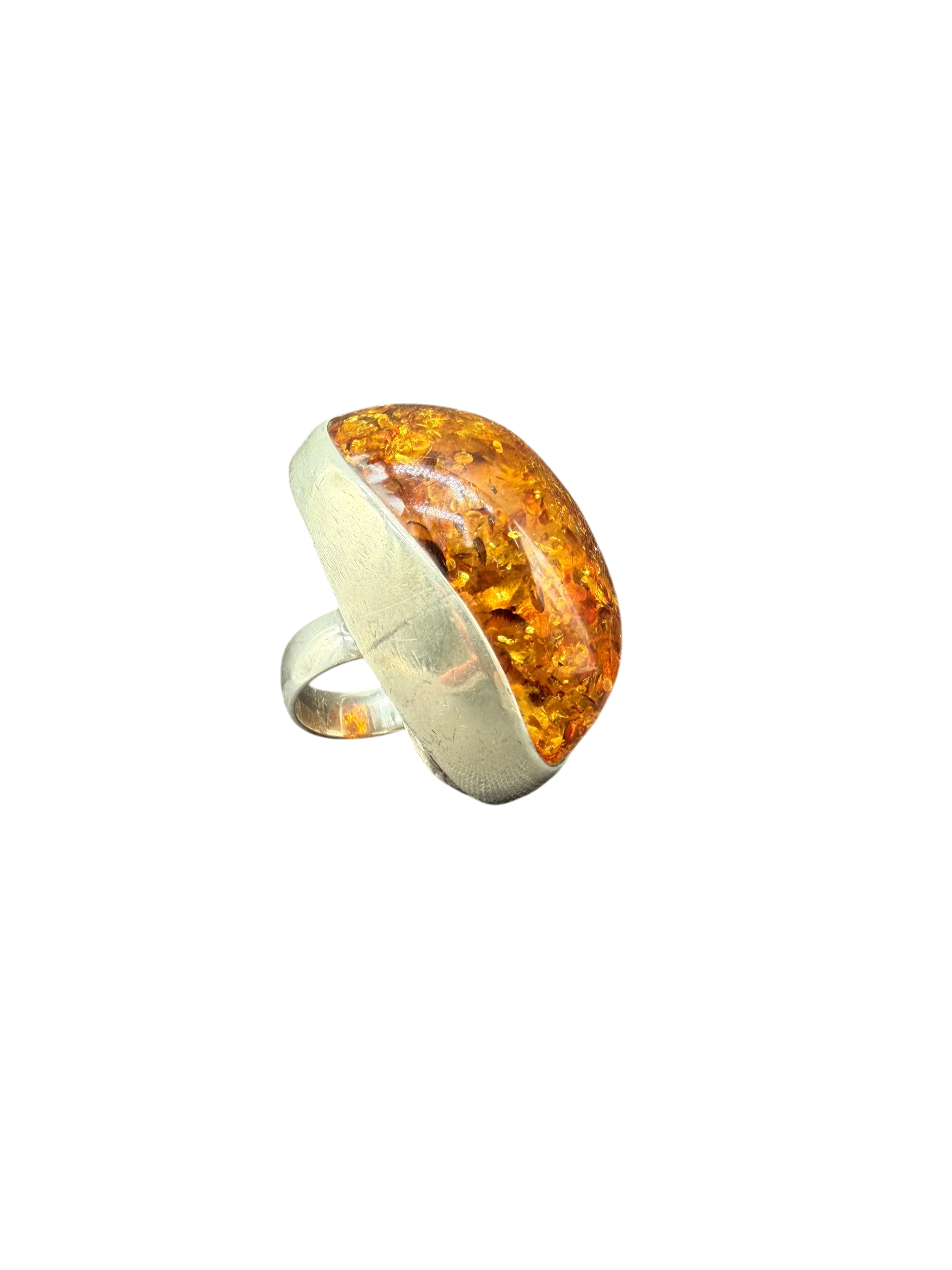 1960s Sterling Silver Modernist Cognac Amber “Moon” Ring with Inclusions
