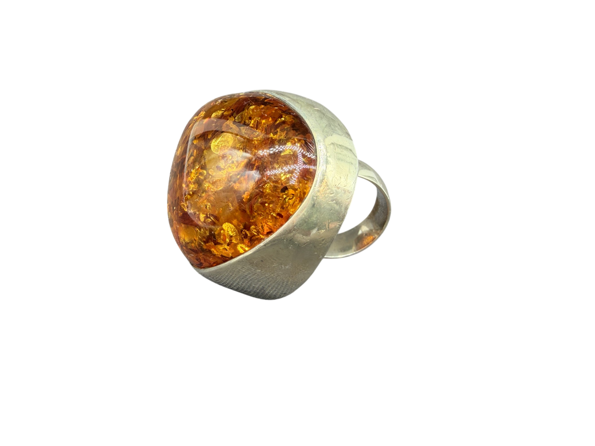 1960s Sterling Silver Modernist Cognac Amber “Moon” Ring with Inclusions