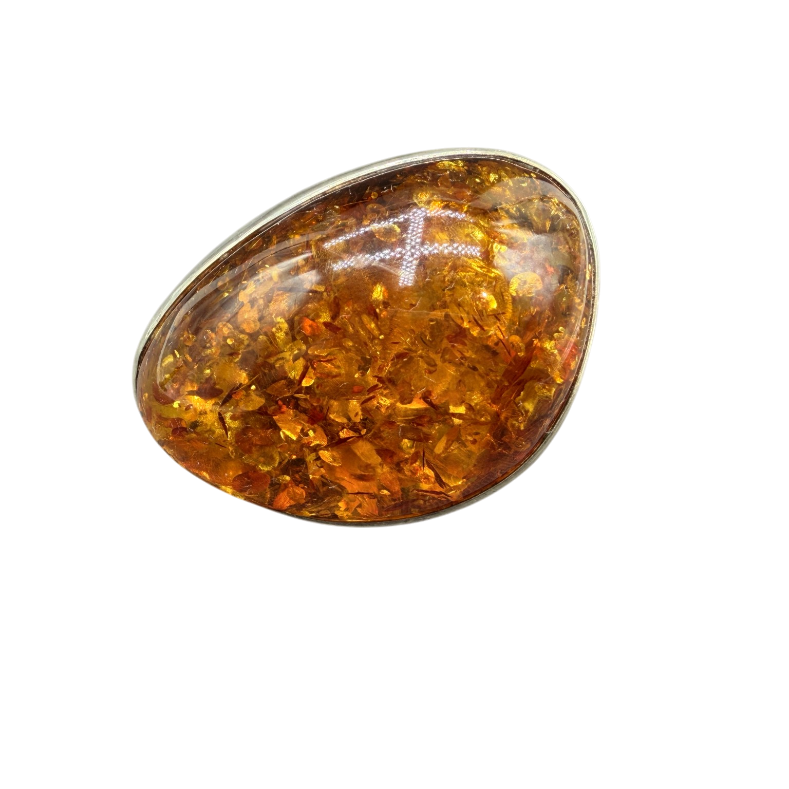 1960s Sterling Silver Modernist Cognac Amber “Moon” Ring with Inclusions