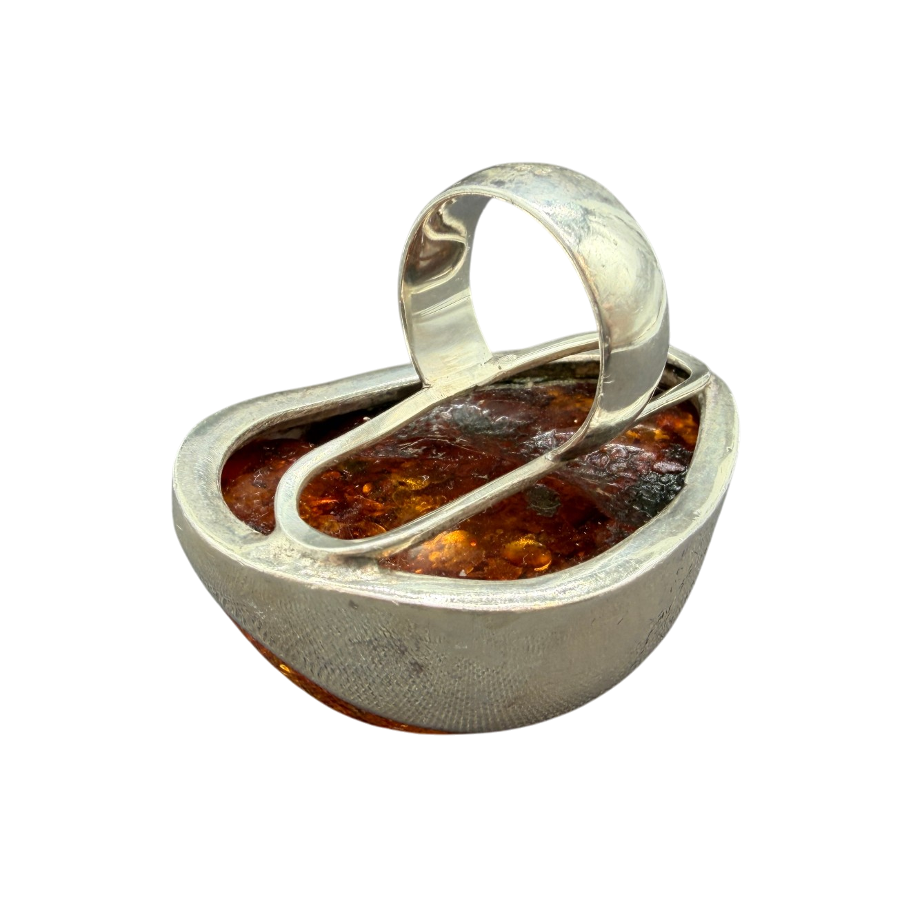 1960s Sterling Silver Modernist Cognac Amber “Moon” Ring with Inclusions