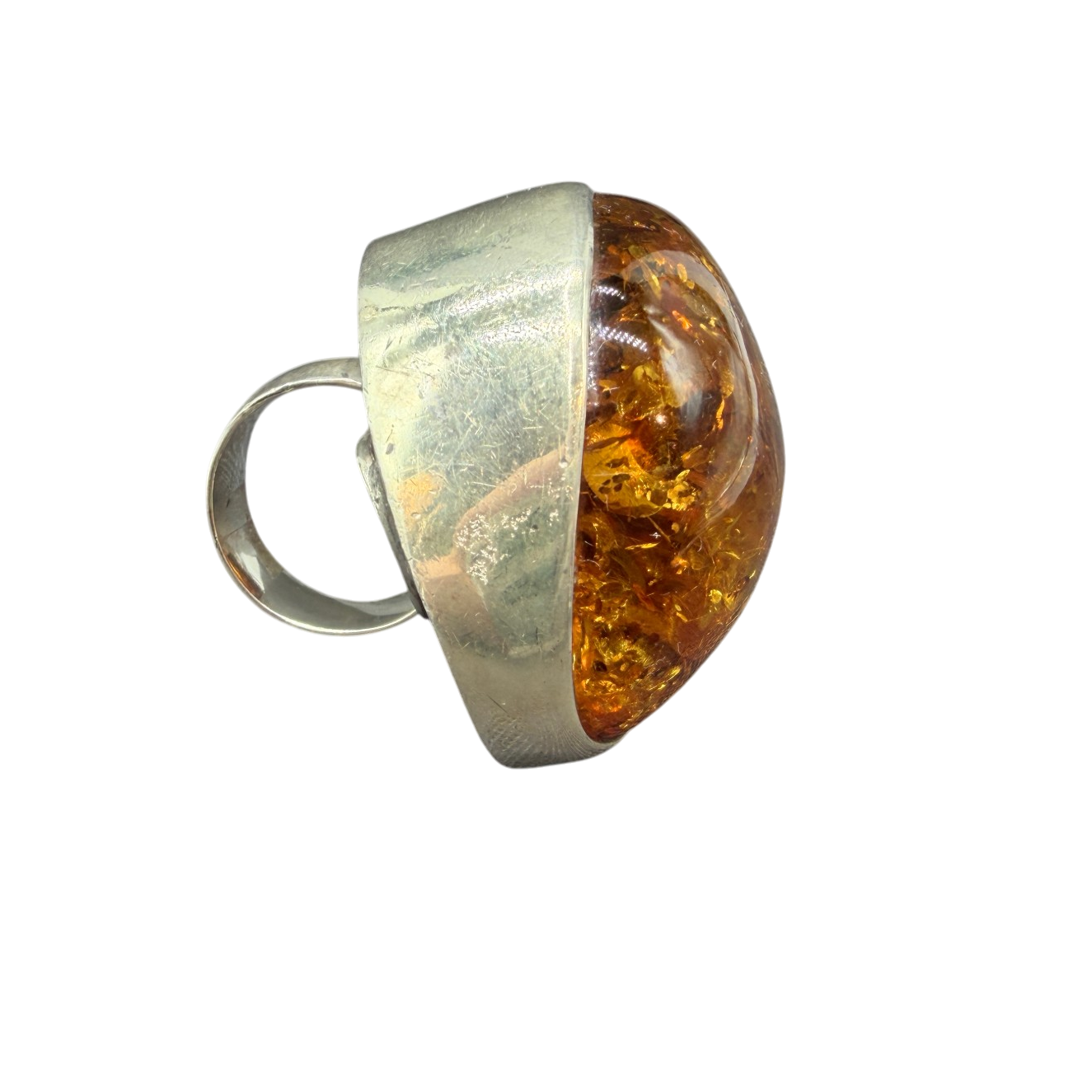1960s Sterling Silver Modernist Cognac Amber “Moon” Ring with Inclusions