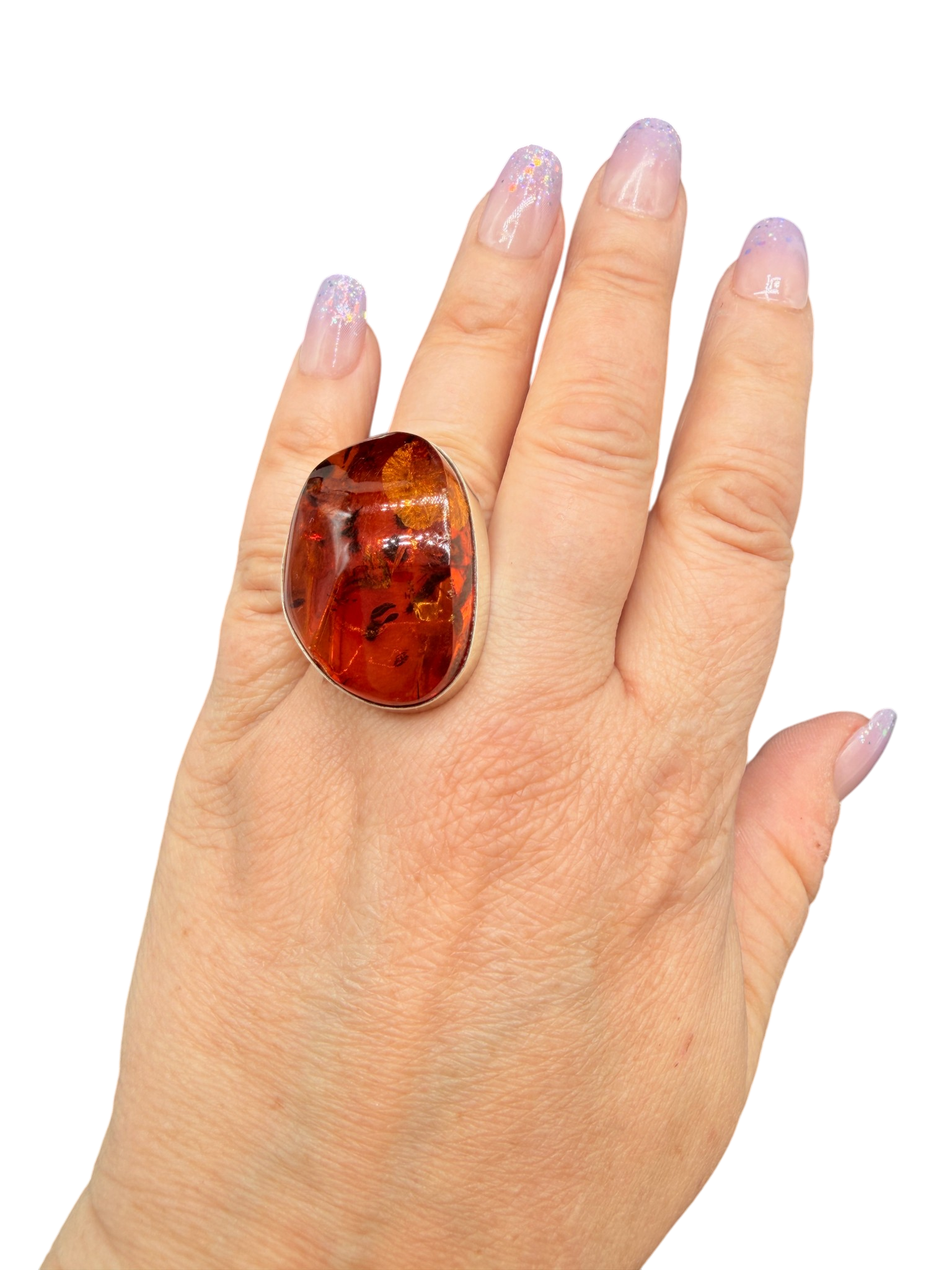 1960s Sterling Silver Ring with Cognac Amber and Inclusions