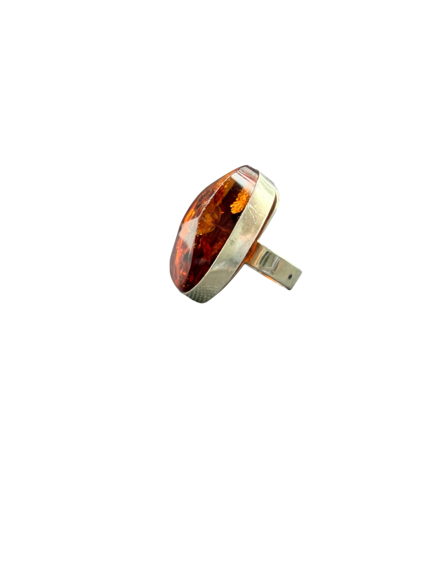 1960s Sterling Silver Ring with Cognac Amber and Inclusions