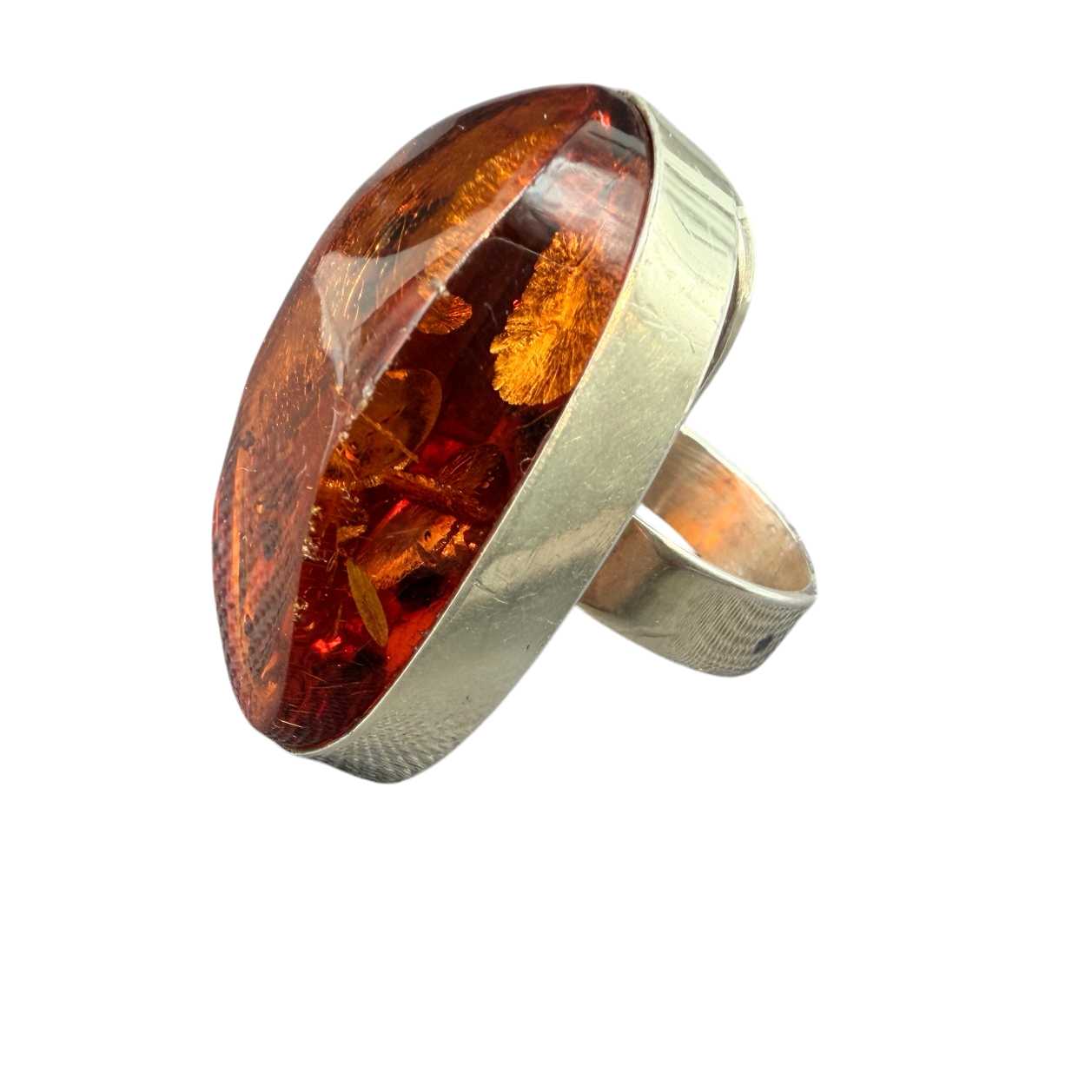 1960s Sterling Silver Ring with Cognac Amber and Inclusions