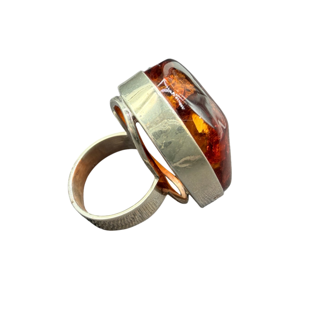 1960s Sterling Silver Ring with Cognac Amber and Inclusions