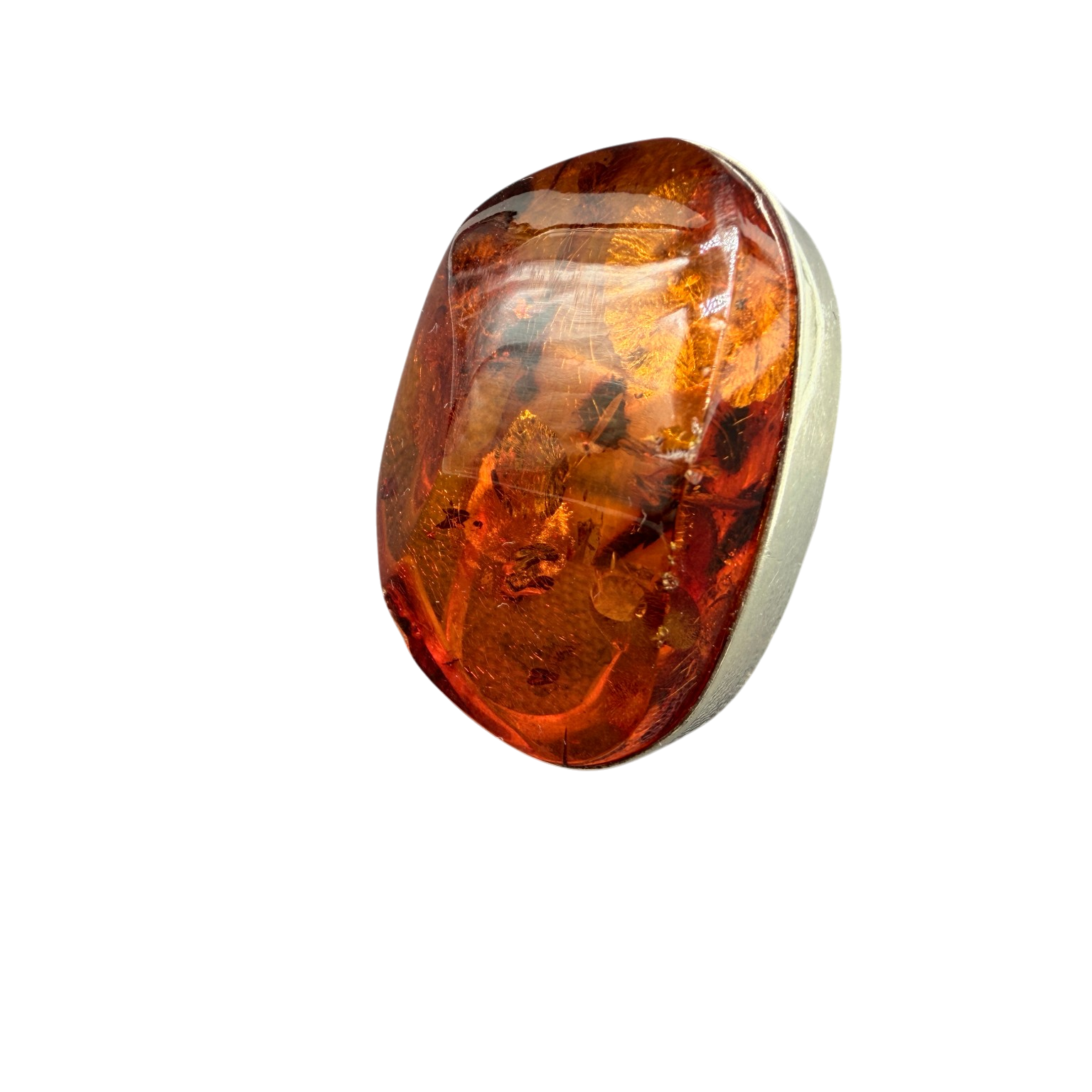 1960s Sterling Silver Ring with Cognac Amber and Inclusions