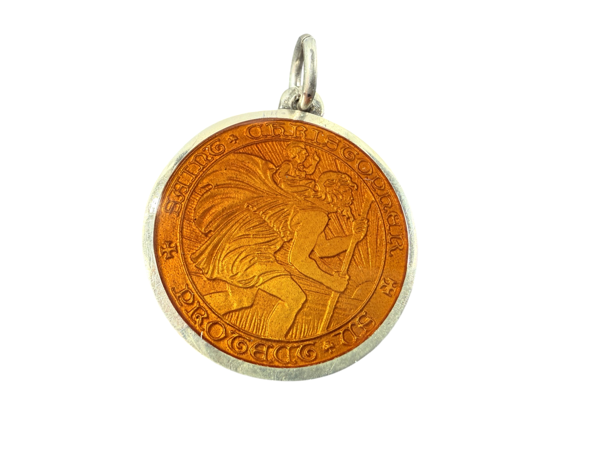 1970s Sterling Silver Tangerine Enamel St. Christopher Pendant
