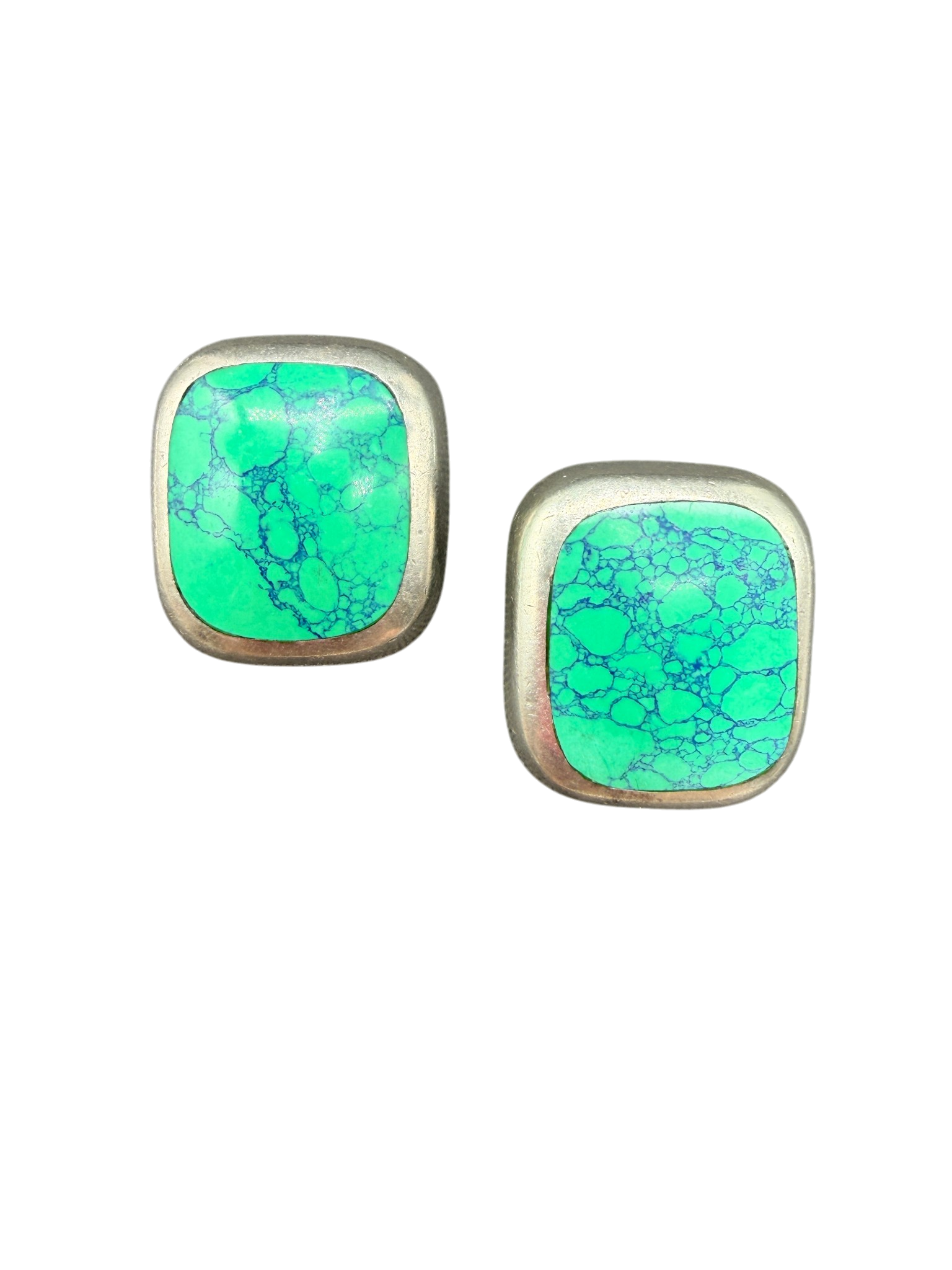 1970s Mexican Sterling Silver Square Clip Earrings with Turquoise Centers