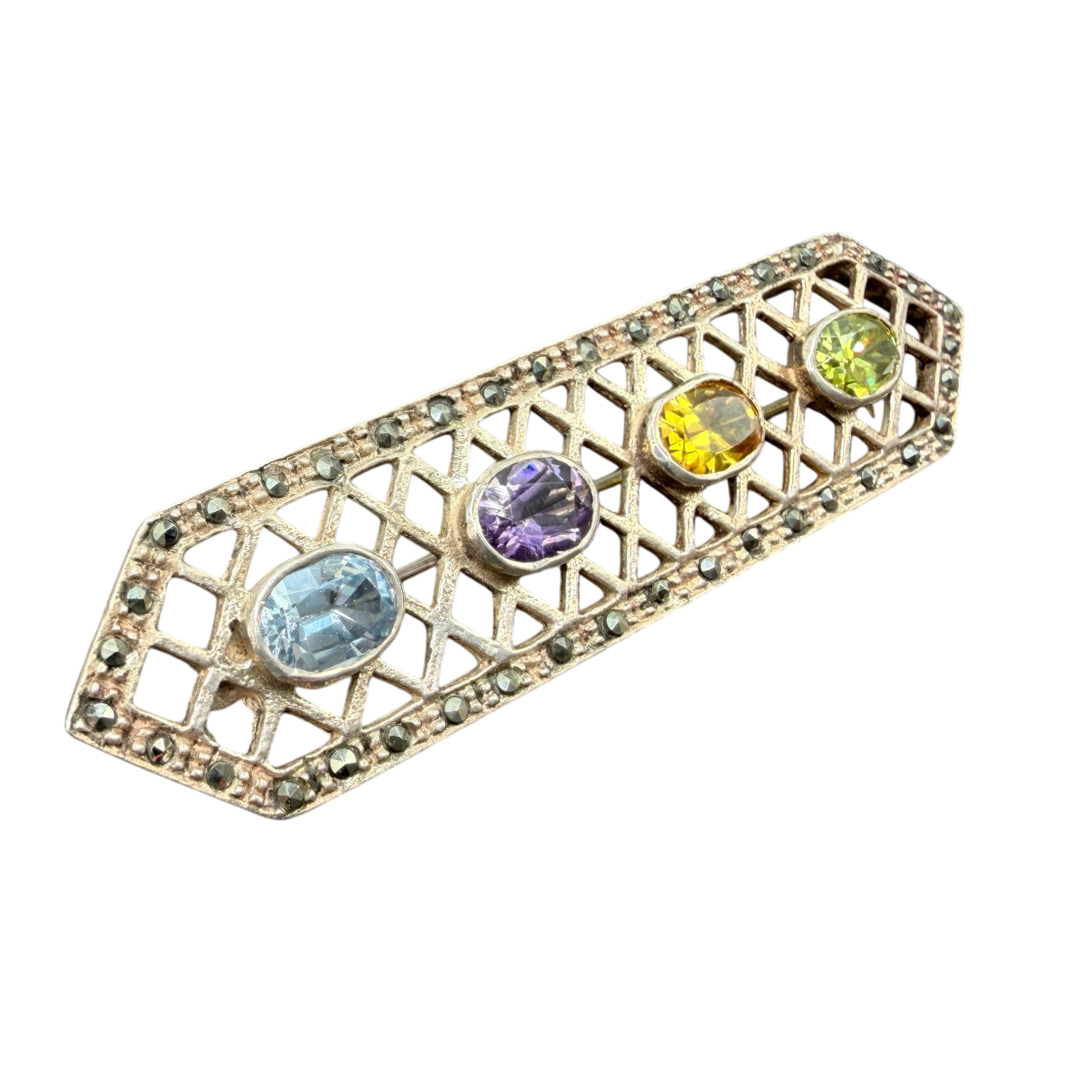 1920s Sterling Silver Openwork Bar Brooch with Multi-Gemstones
