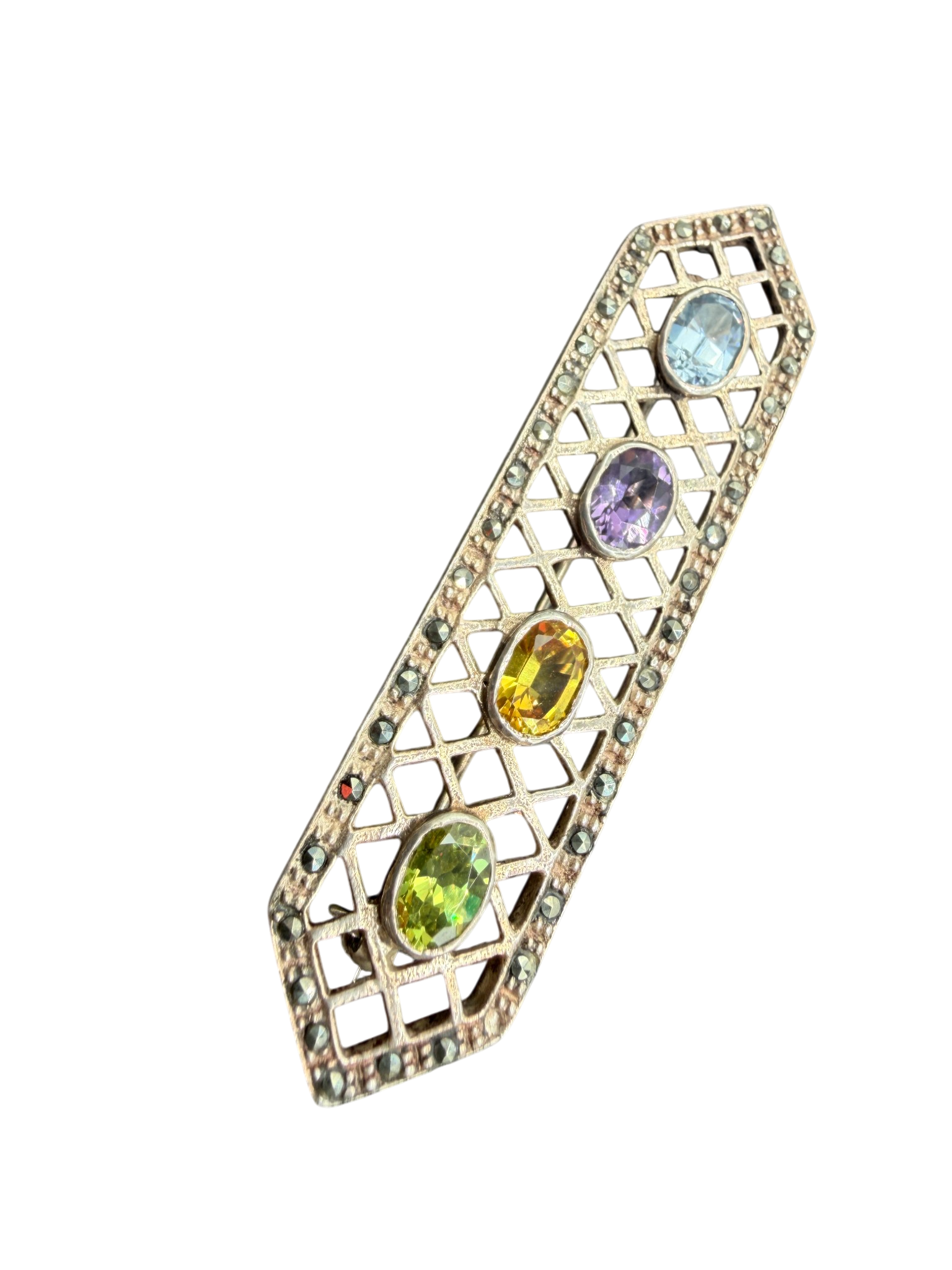 1920s Sterling Silver Openwork Bar Brooch with Multi-Gemstones