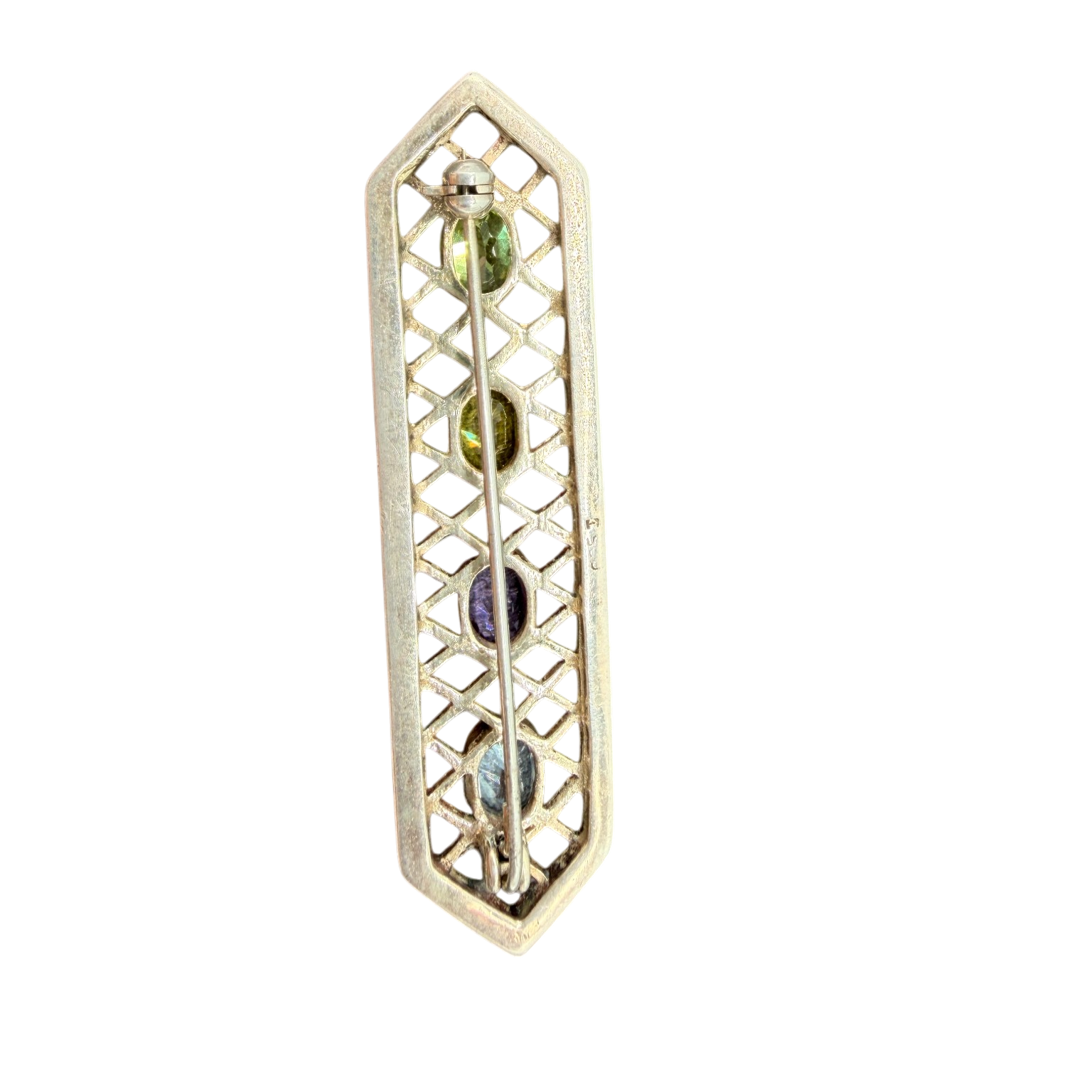 1920s Sterling Silver Openwork Bar Brooch with Multi-Gemstones
