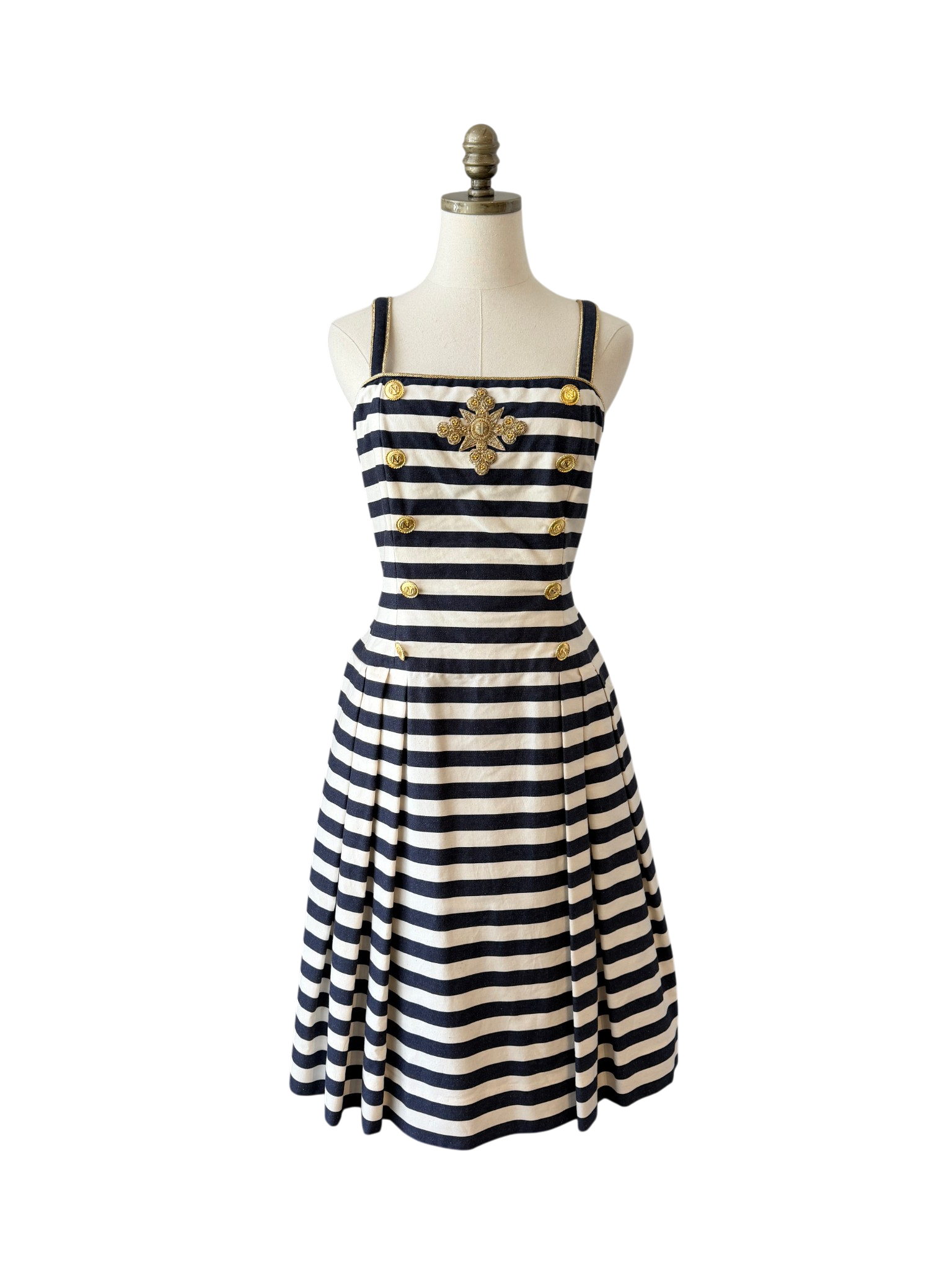 1970s Albert Nipon Nautical Cotton Fit & Flare Dress with Beaded Emblem