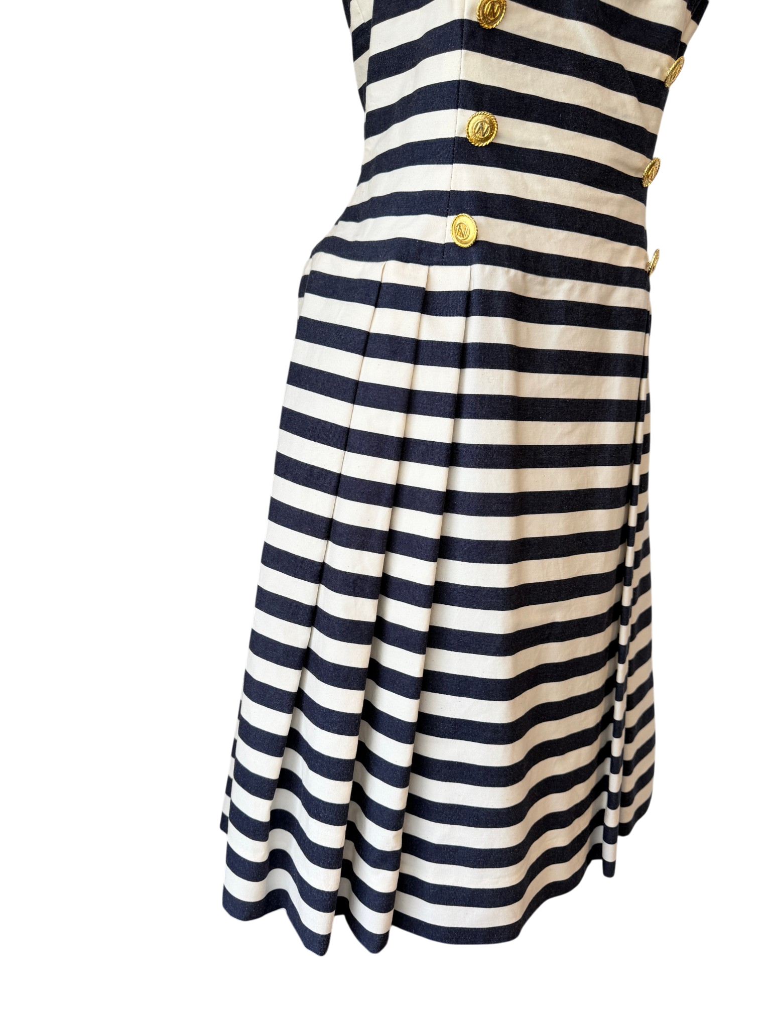 1970s Albert Nipon Nautical Cotton Fit & Flare Dress with Beaded Emblem