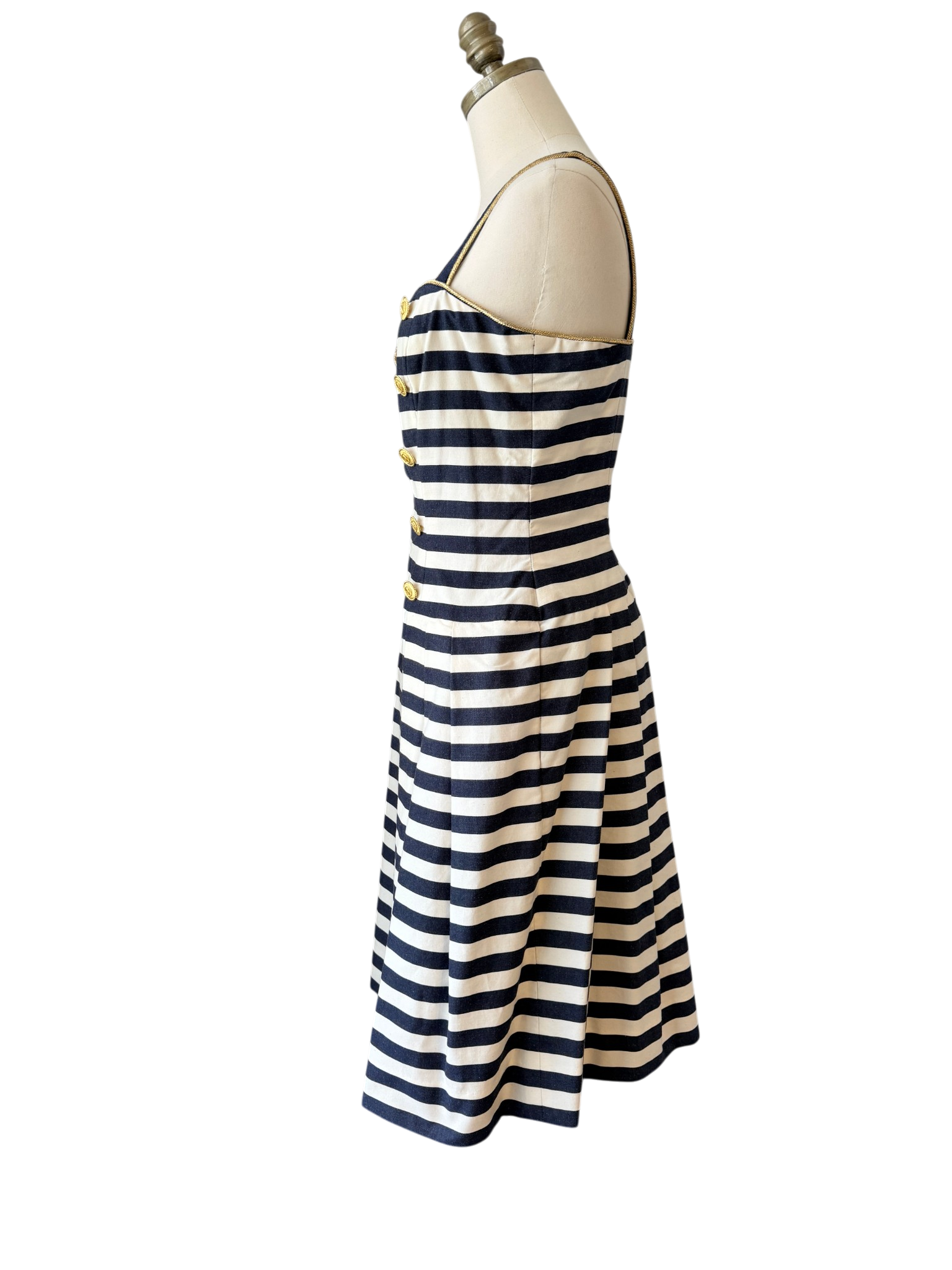 1970s Albert Nipon Nautical Cotton Fit & Flare Dress with Beaded Emblem
