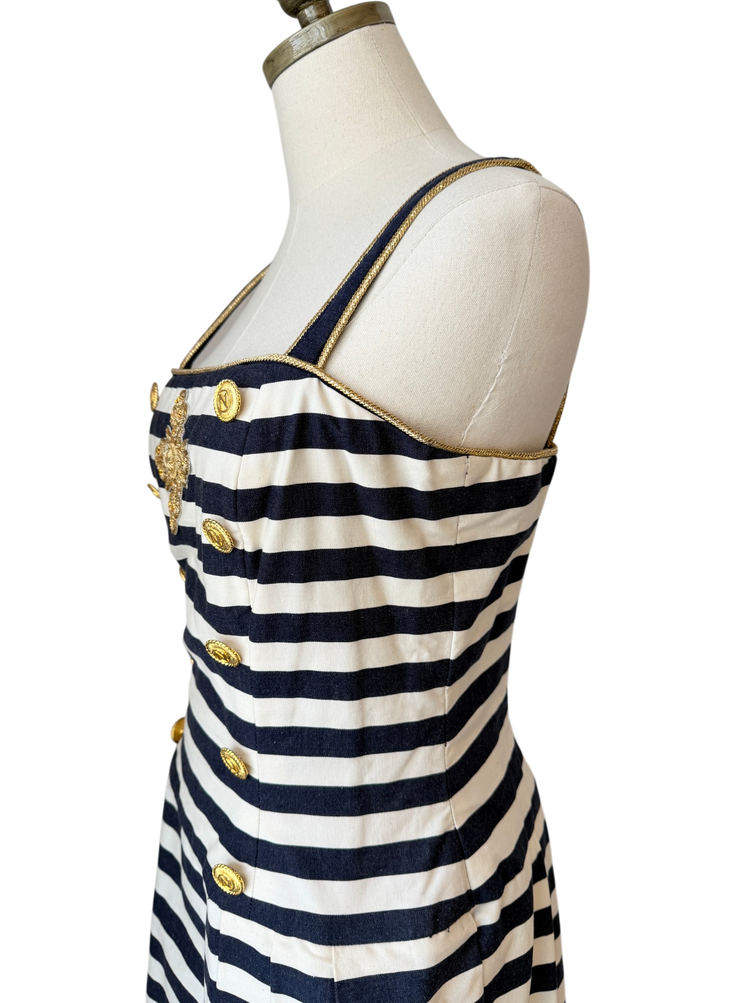 1970s Albert Nipon Nautical Cotton Fit & Flare Dress with Beaded Emblem
