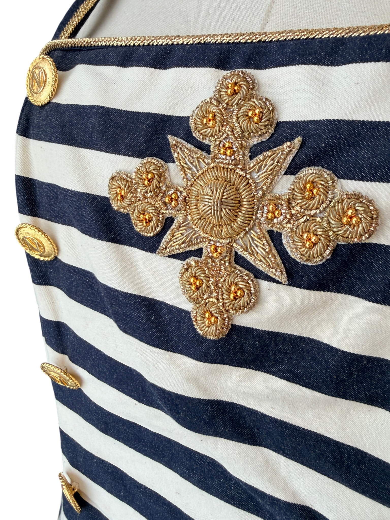 1970s Albert Nipon Nautical Cotton Fit & Flare Dress with Beaded Emblem