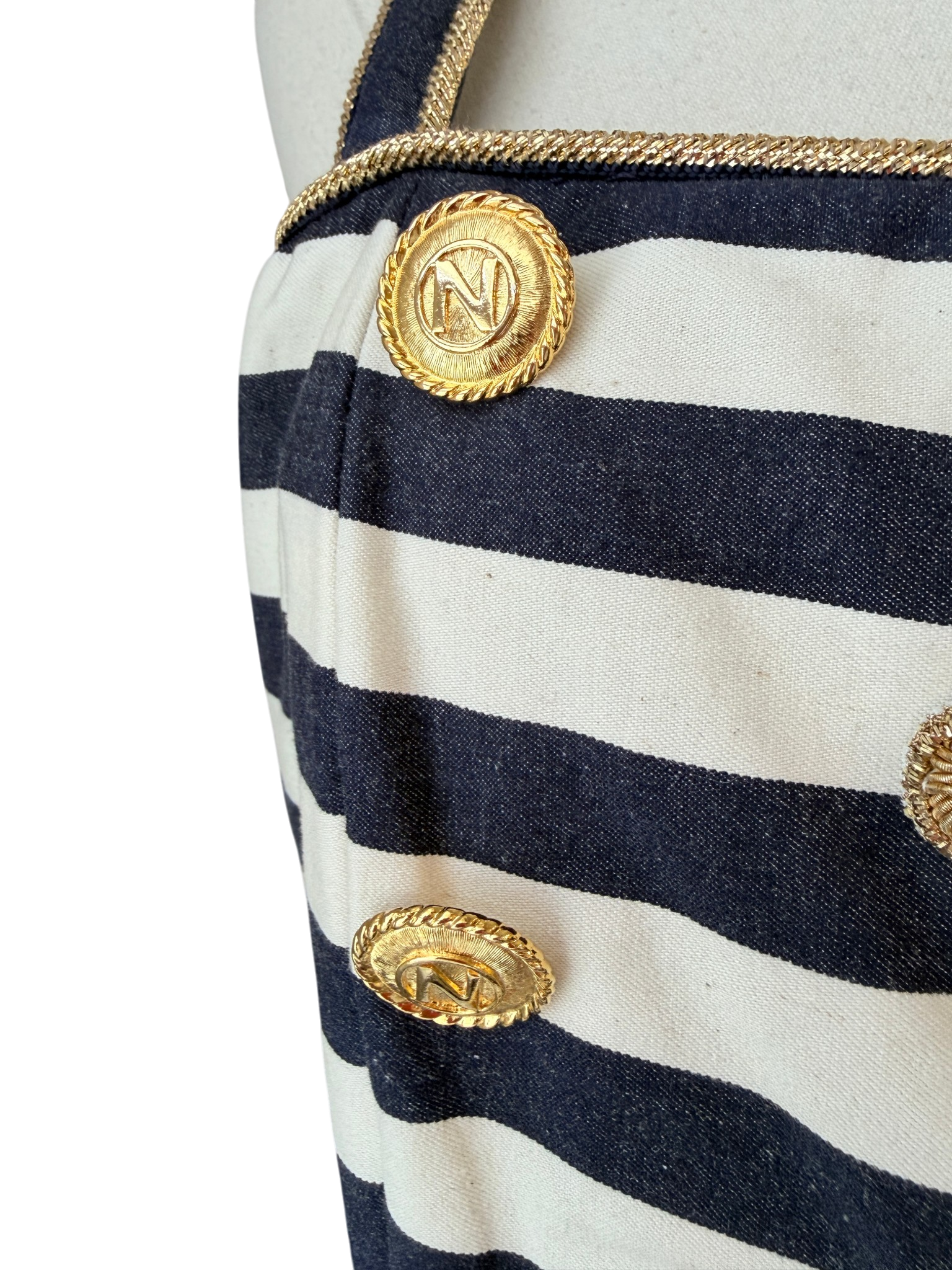 1970s Albert Nipon Nautical Cotton Fit & Flare Dress with Beaded Emblem