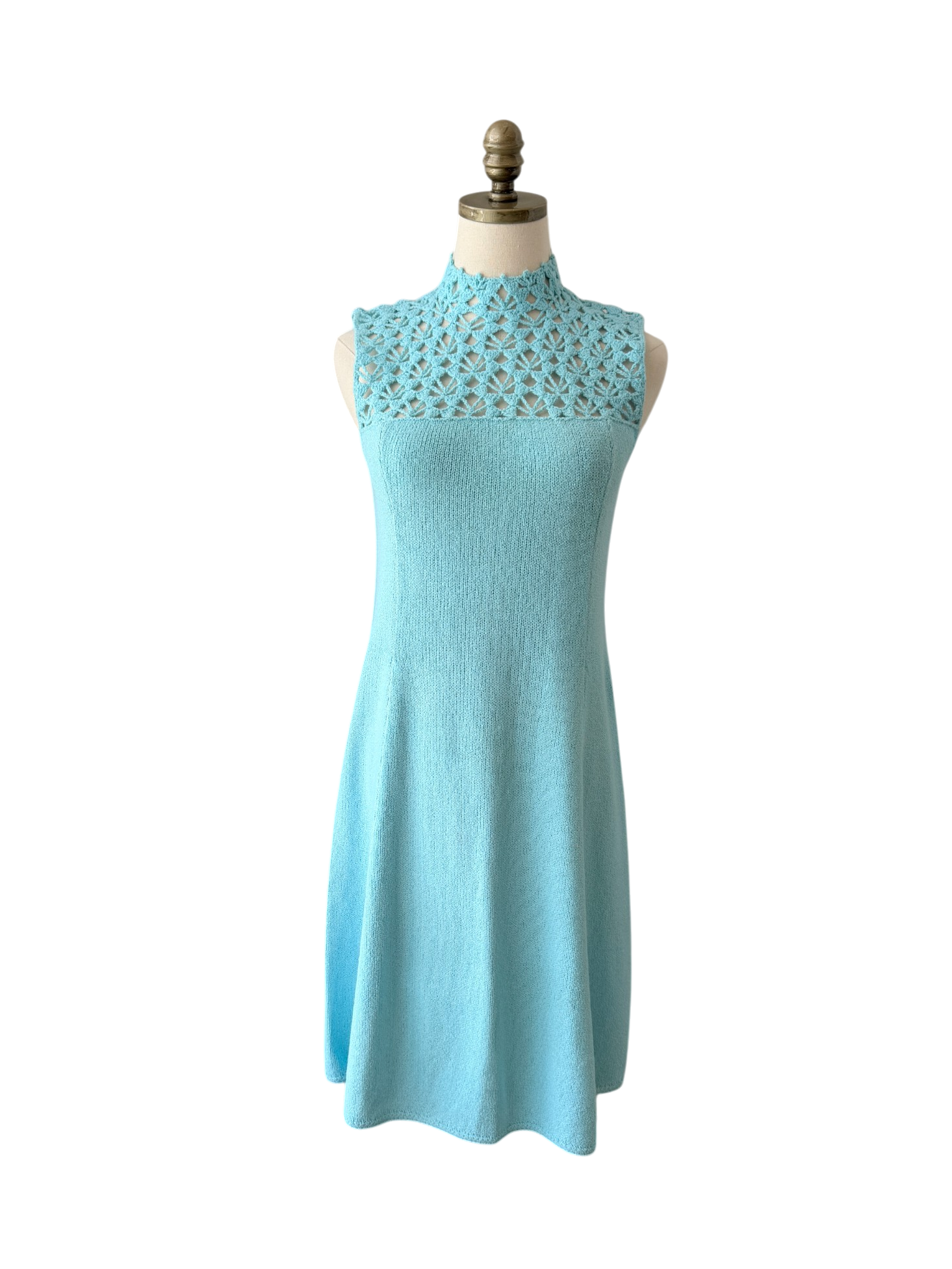 1960s Marie St. John Aqua Knit Crochet Tank Shift Dress