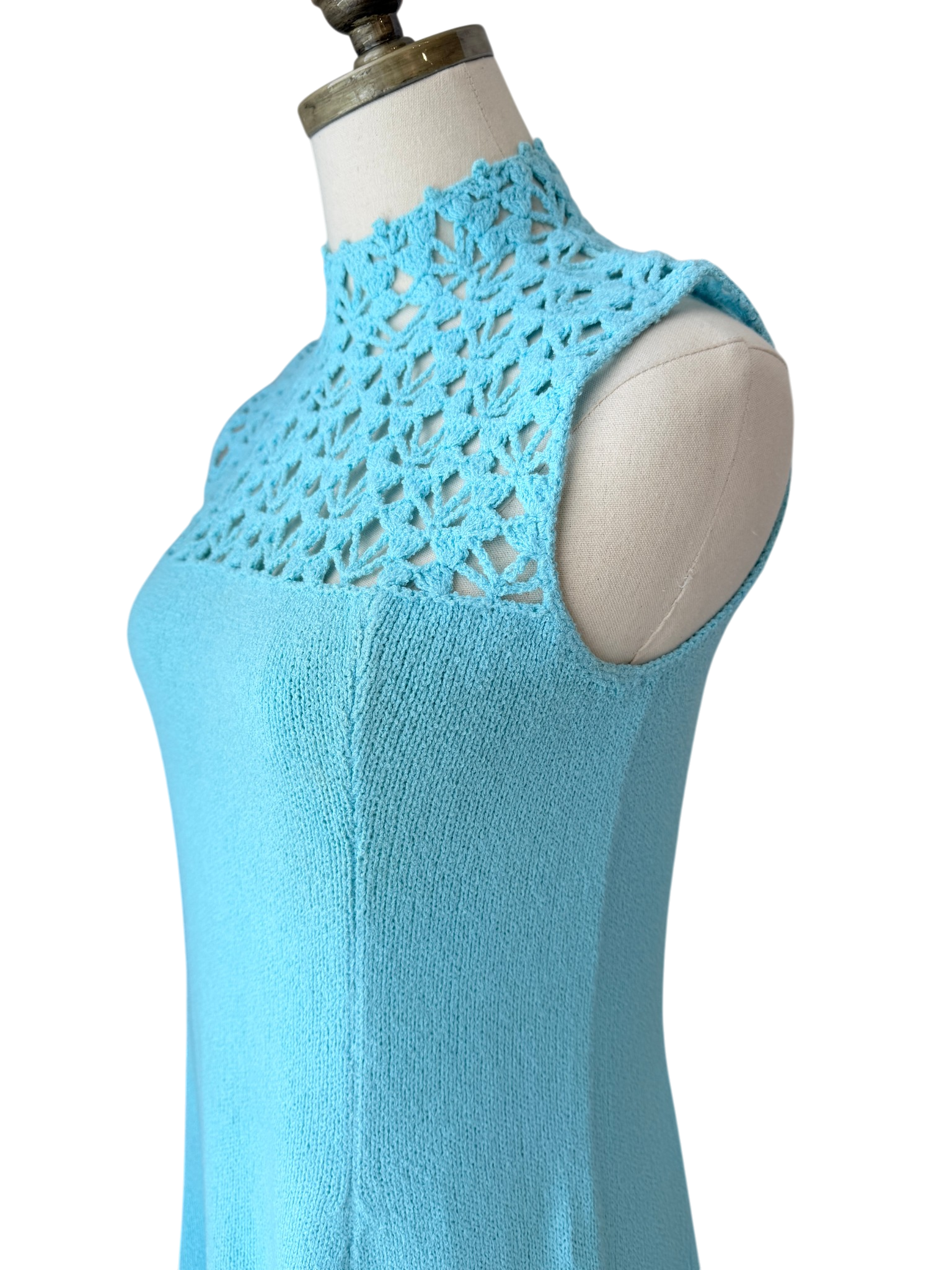 1960s Marie St. John Aqua Knit Crochet Tank Shift Dress