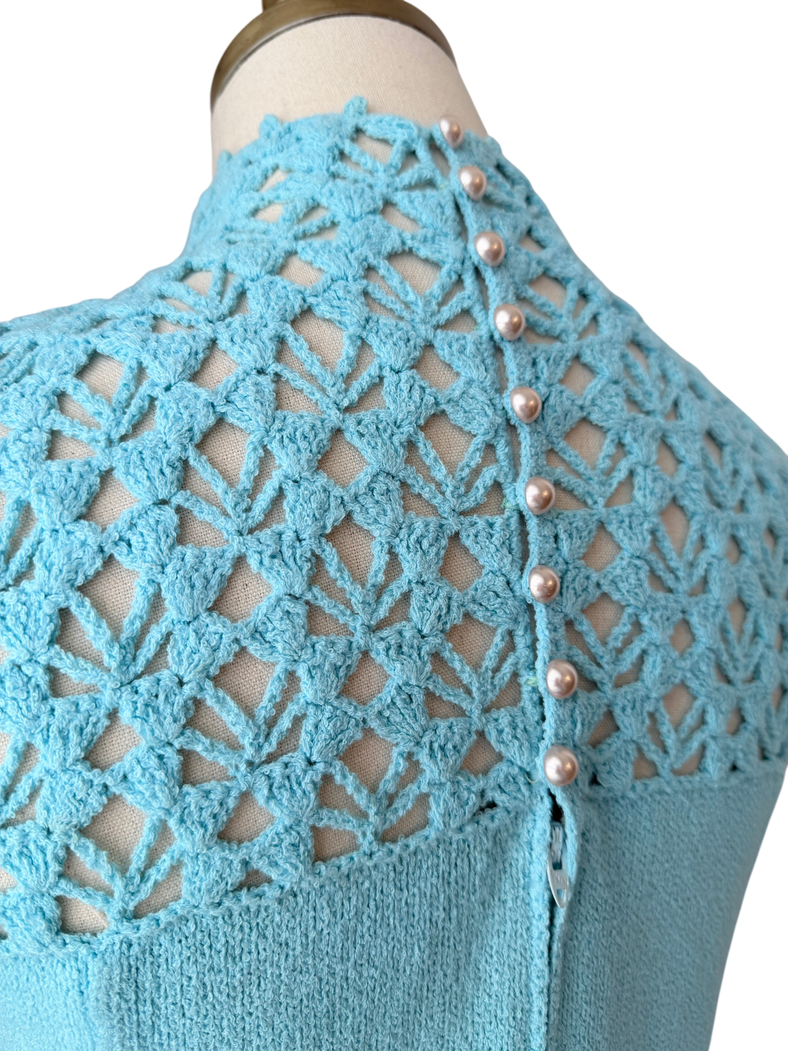 1960s Marie St. John Aqua Knit Crochet Tank Shift Dress
