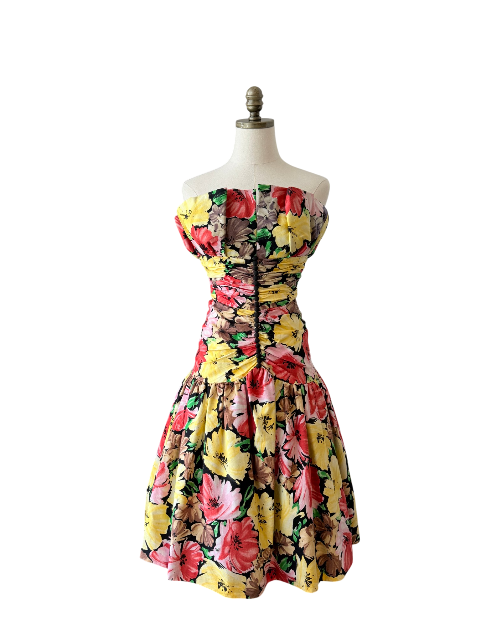 1980s Victor Costa Floral Strapless Cotton Dress with Ruched Waist and Balloon Skirt