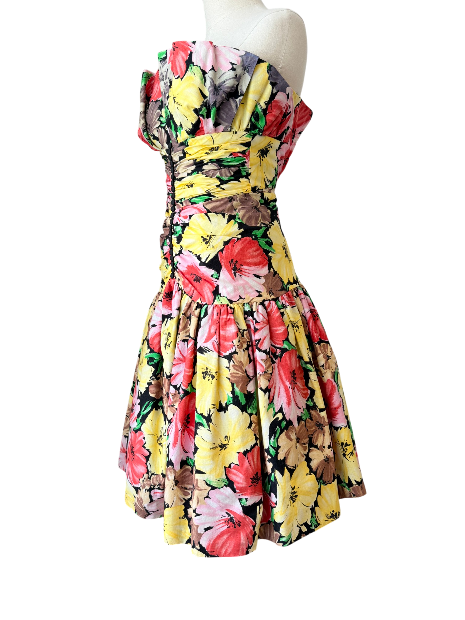 1980s Victor Costa Floral Strapless Cotton Dress with Ruched Waist and Balloon Skirt