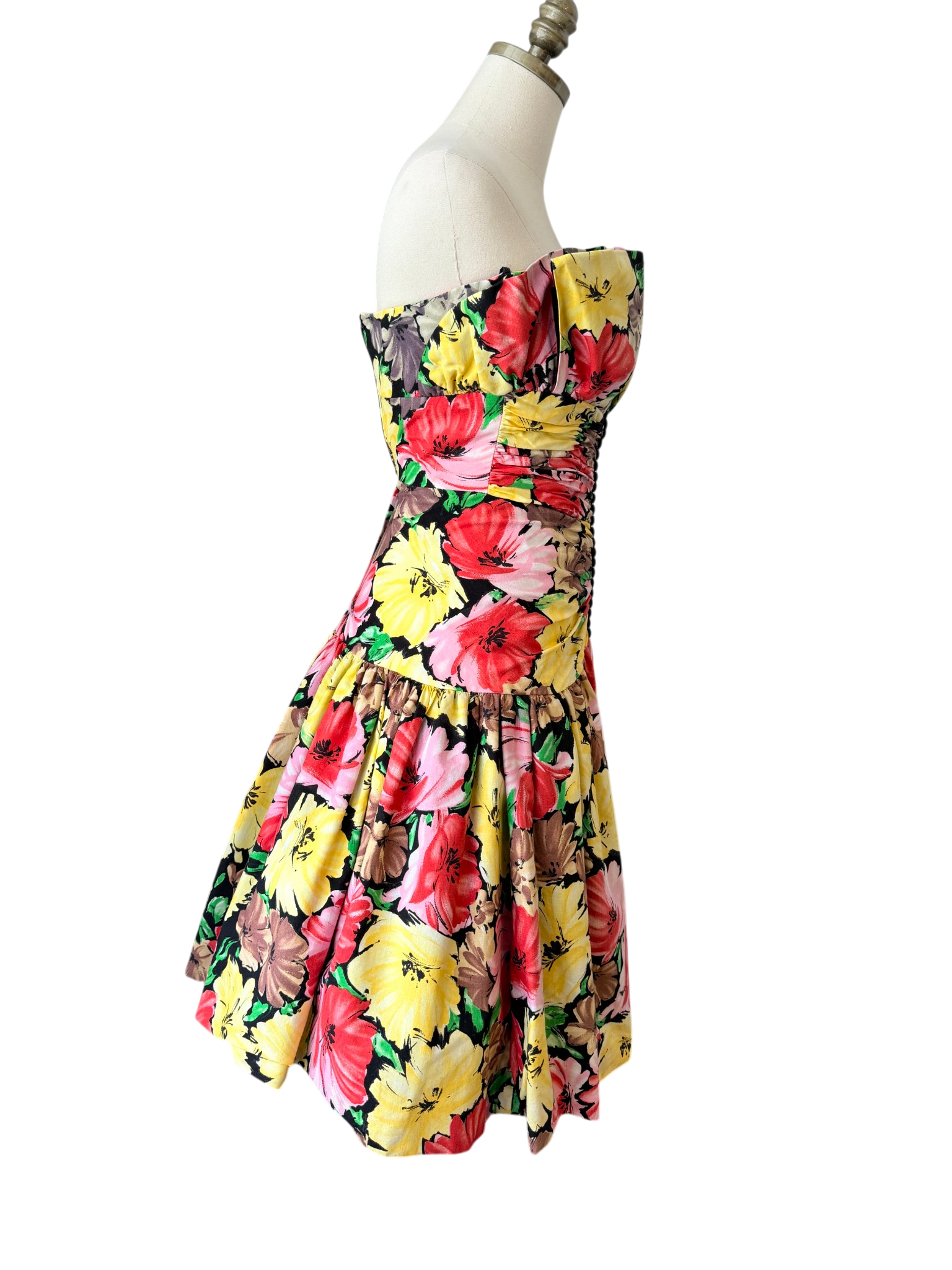1980s Victor Costa Floral Strapless Cotton Dress with Ruched Waist and Balloon Skirt