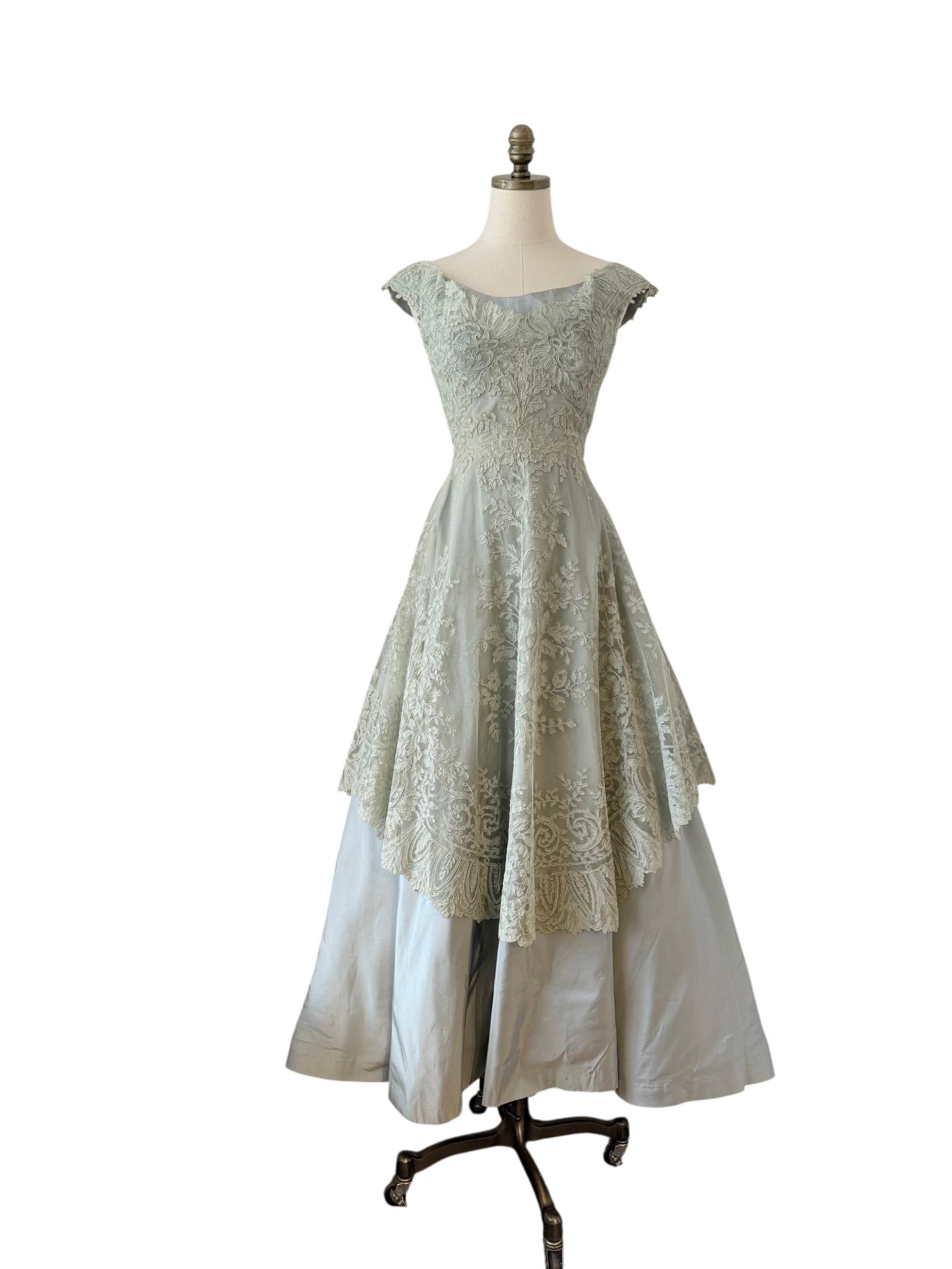 1953 Custom-Made Seafoam Lace & Taffeta Evening Dress with Sash and Matching Belt