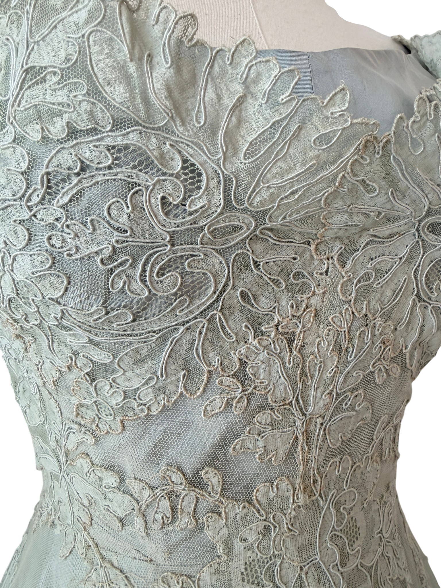 1953 Custom-Made Seafoam Lace & Taffeta Evening Dress with Sash and Matching Belt